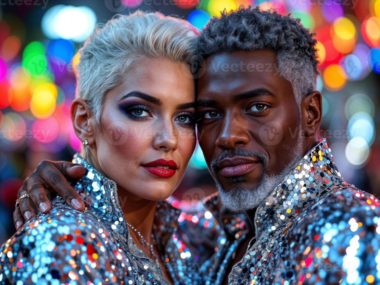 Stylish couple in glittery outfits with bold makeup posing together at vibrant night event photo