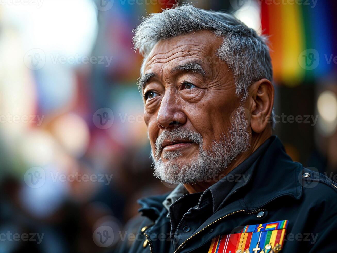 Elderly veteran with military medals attending LGBTQ pride event with rainbow flags photo