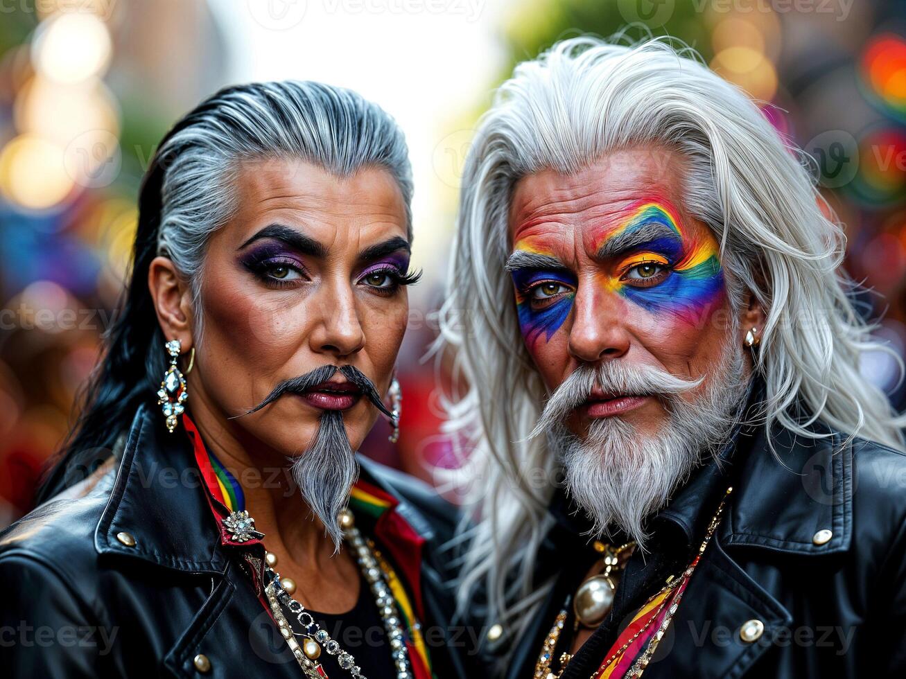 Elderly couple with artistic makeup and leather jackets at LGBTQ pride event photo