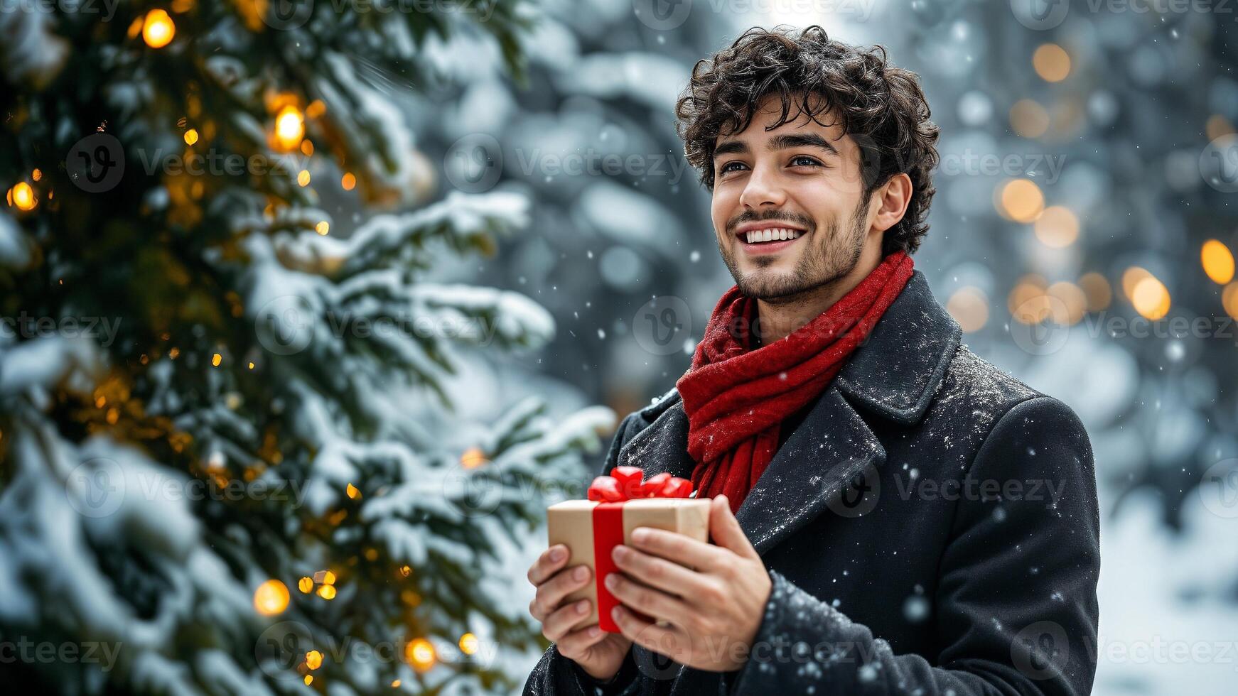 Smiling man holding Christmas gift near snow-covered tree, festive winter scene with holiday lights photo