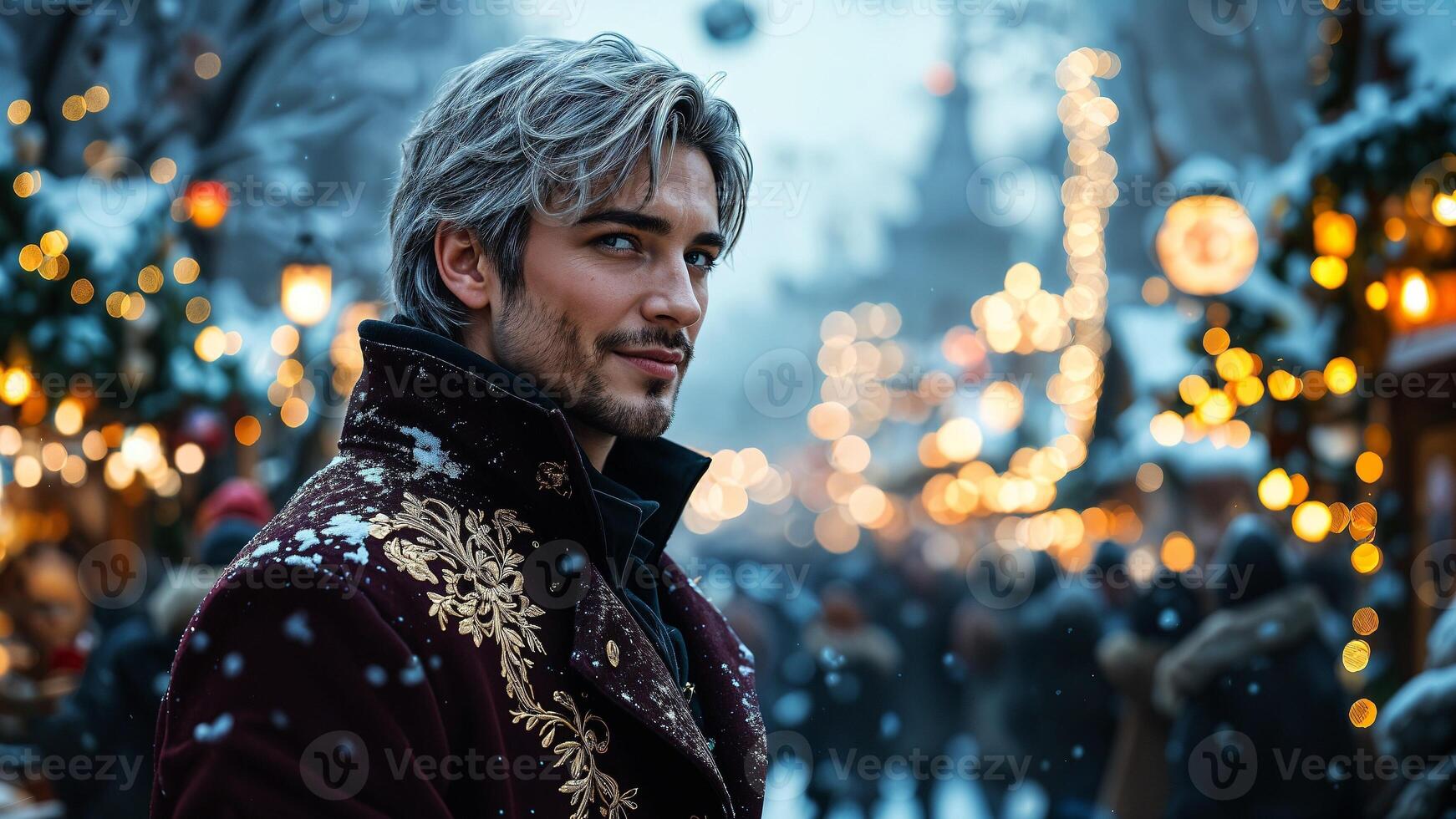 Handsome man in embroidered coat at snowy holiday market, festive winter scene with lights photo