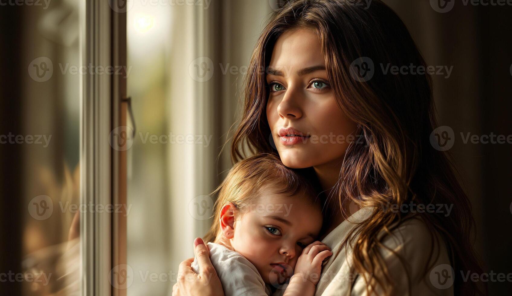 Thoughtful mother holding baby by the window, peaceful bonding moment, soft natural light, Mother's Day reflection photo