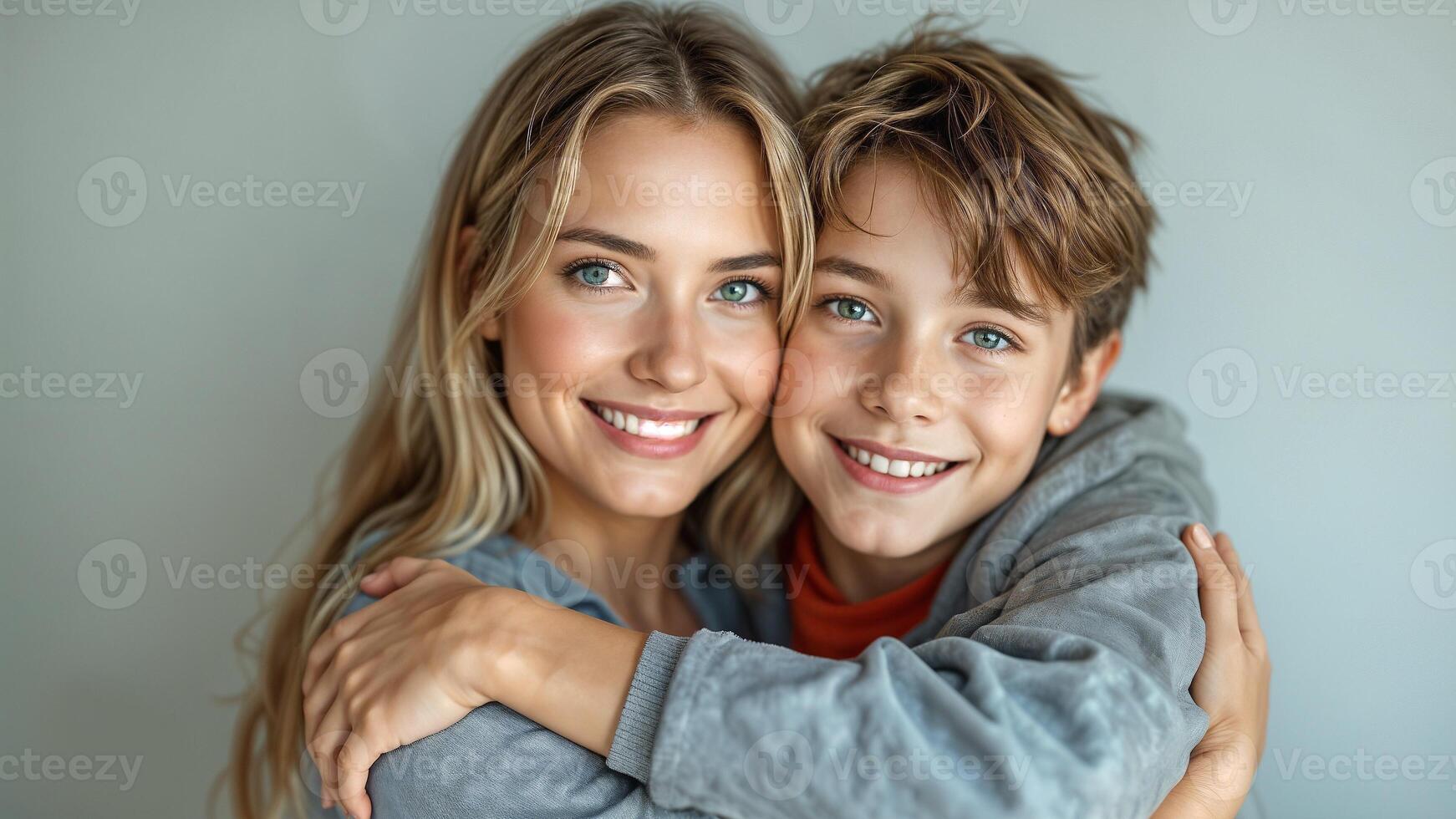 Smiling mother and son hugging, joyful family portrait, close relationship, Mother's Day celebration photo