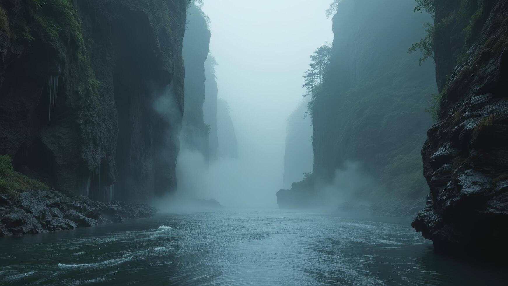 A river in the middle of a canyon with fog photo
