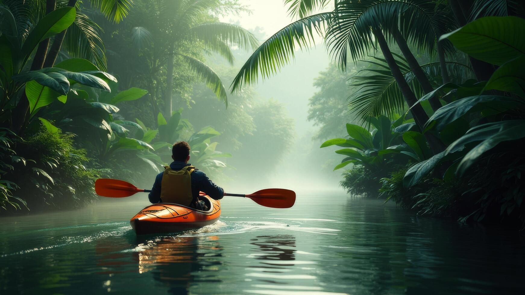 A man paddles a kayak through a river in the jungle photo