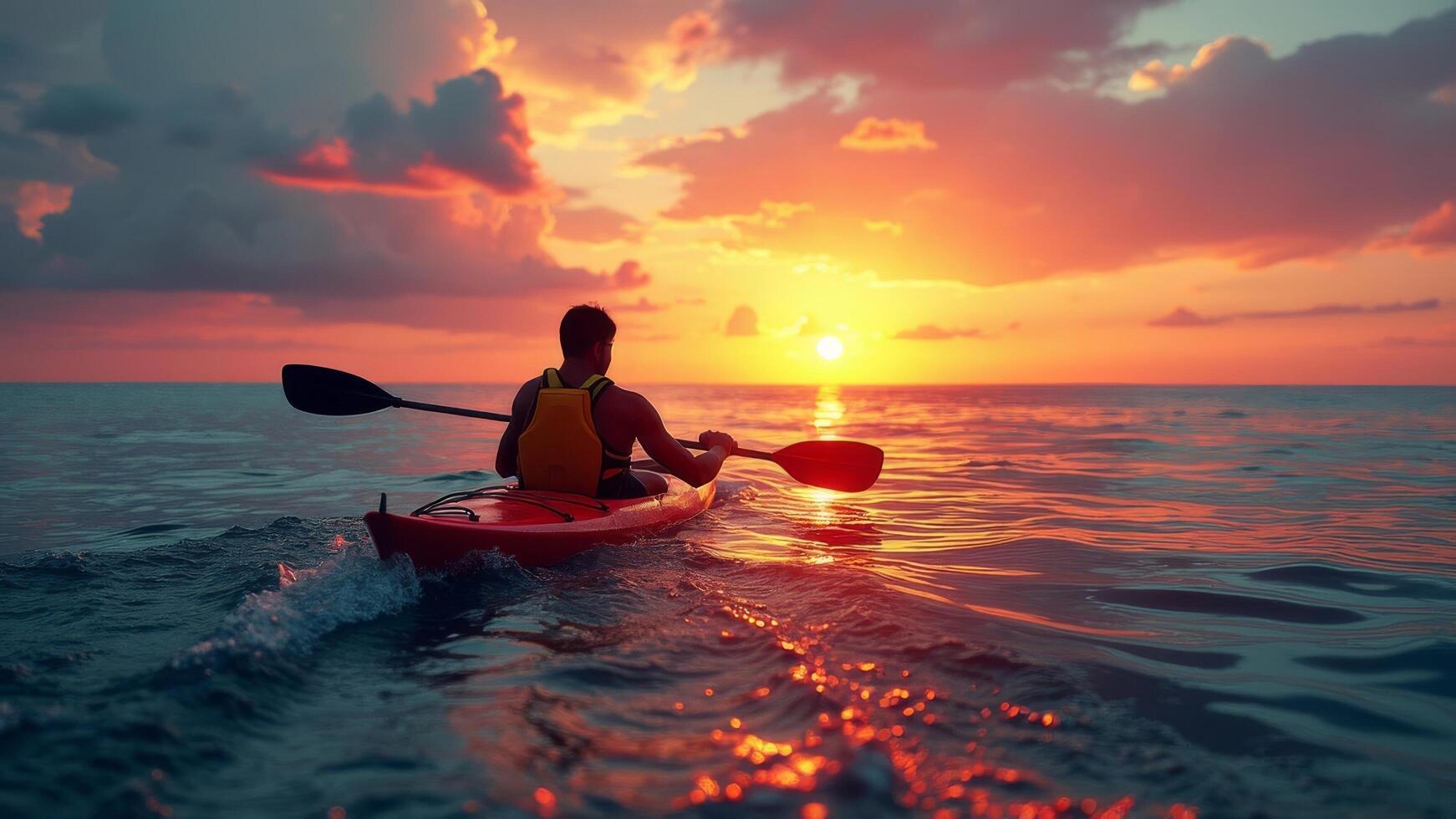 A man in a kayak paddling at sunset photo