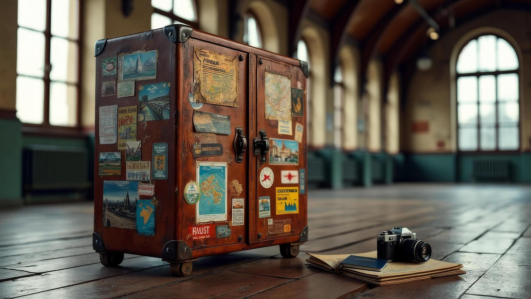 Vintage suitcase with travel stickers and camera in an old railway station interior photo