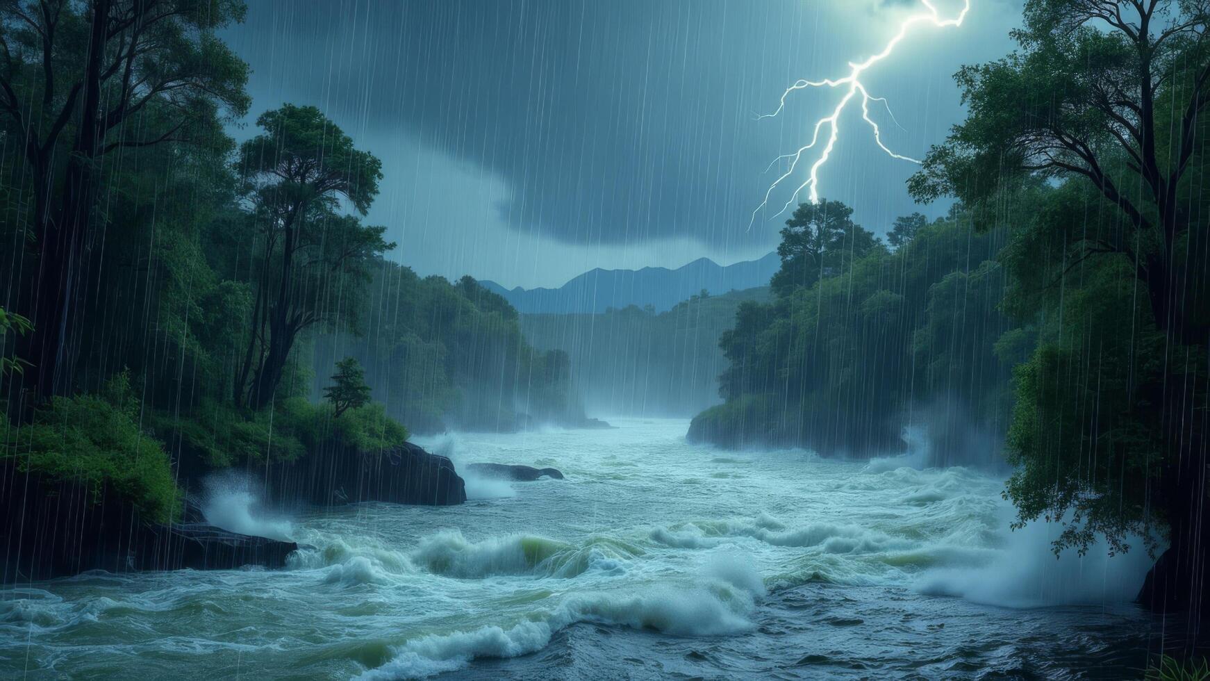 A river with lightning and trees in the background photo