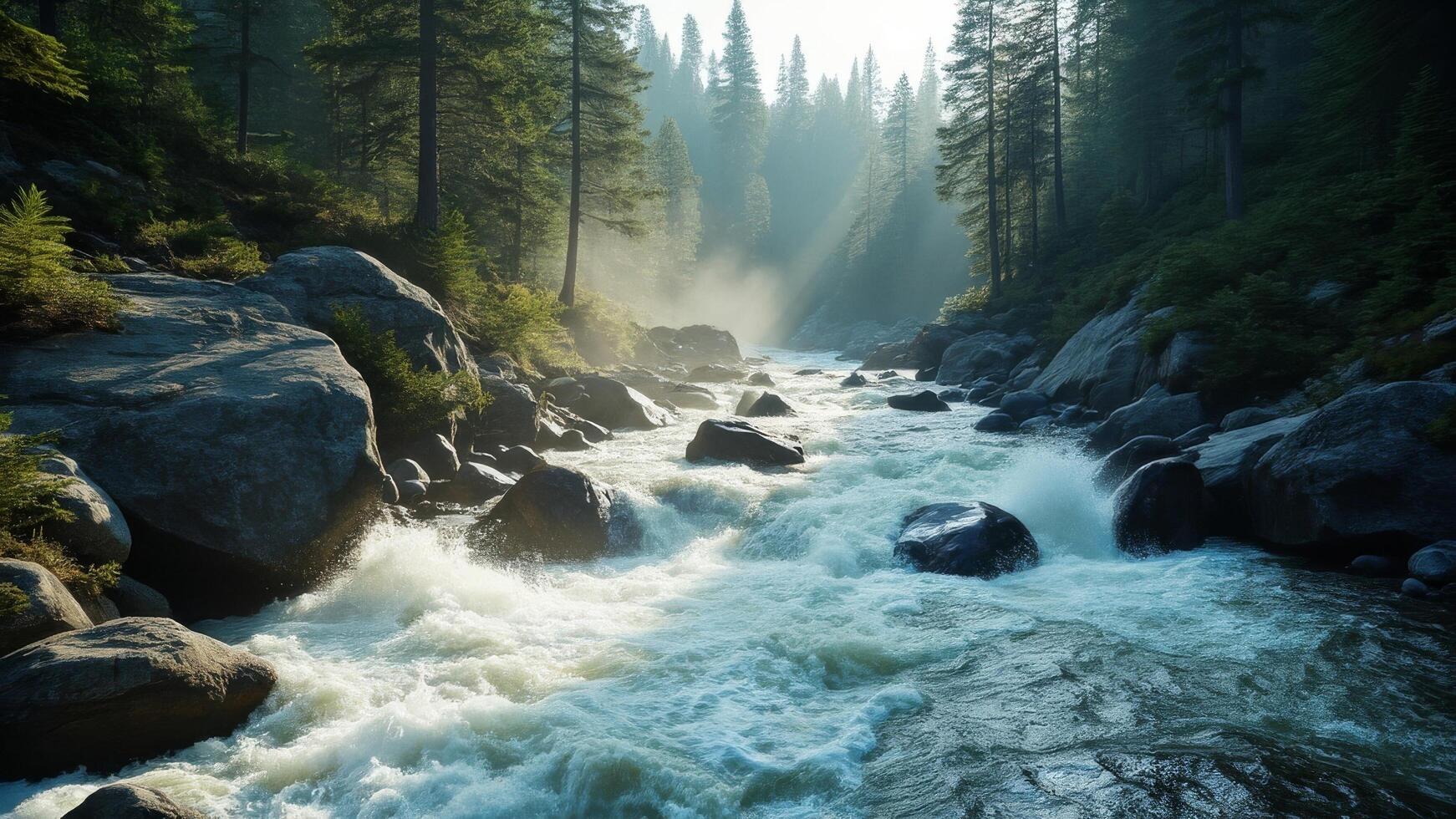 A river flowing through a forest with rocks and trees photo