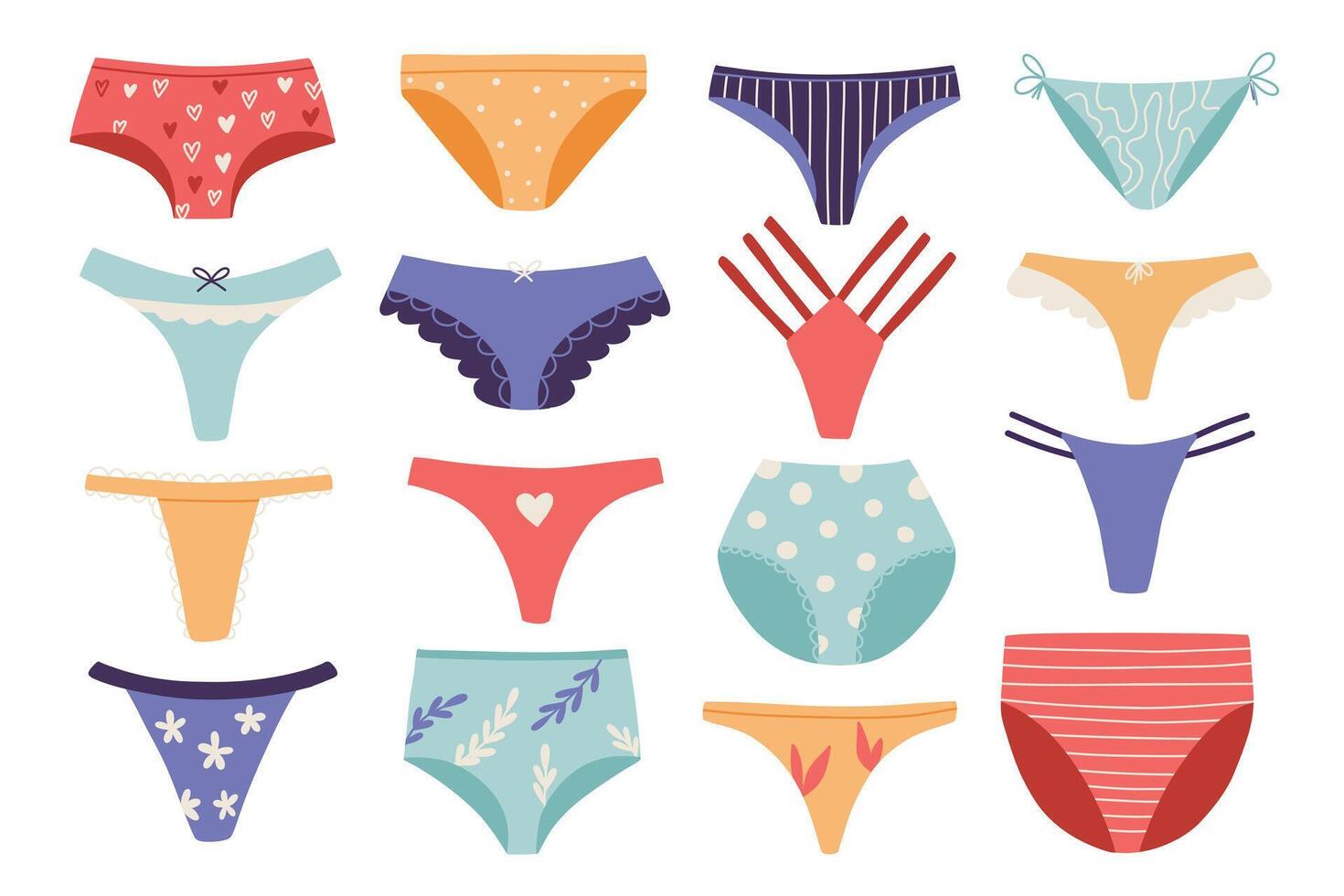 Set of women panties in flat style. Collection of women underwear in hand-drawn style. illustration isolated on white background. vector