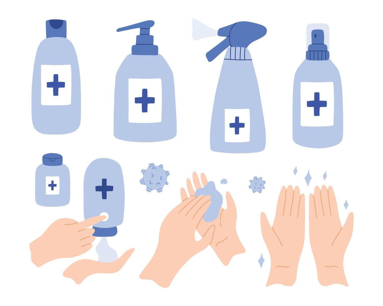Clean your hands with alcohol gel. Killing virus. Hands used for touching will transmit the virus. Corona virus concept. washing hands with antibacterial hand sanitizer, sanitizer gel symbol vector