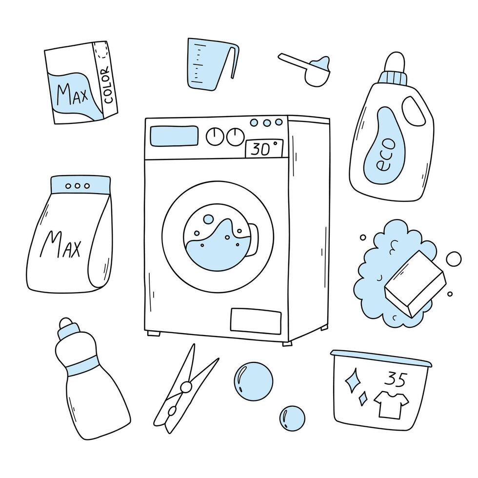 Set of laundry items in doodle style. Linear collection of laundry items. illustration. Isolated elements on a white background. vector