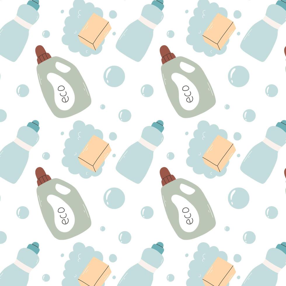 Seamless pattern with wash elements. Print wash laundry. illustration. Flat style. Pattern with powder, washing gel, washing machine. vector