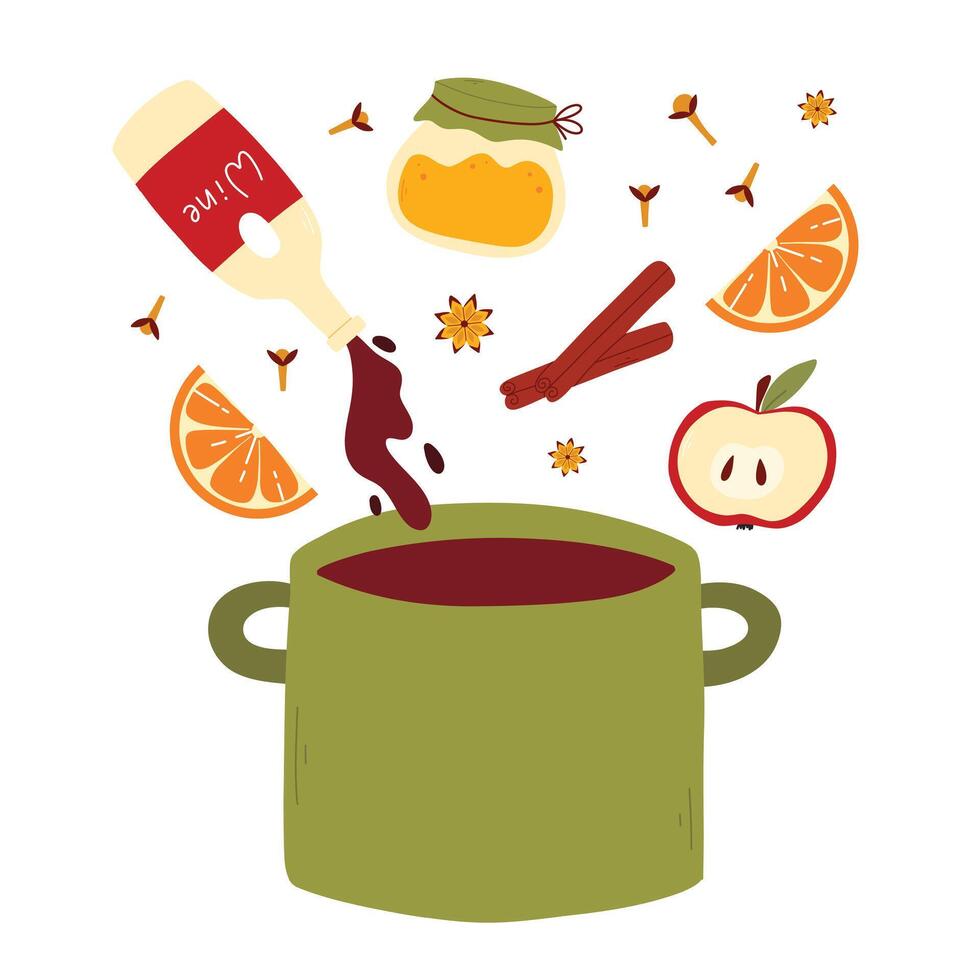 A set of ingredients for mulled wine. Collection for preparing hot grog. illustration in flat style. Autumn winter hot drink. vector