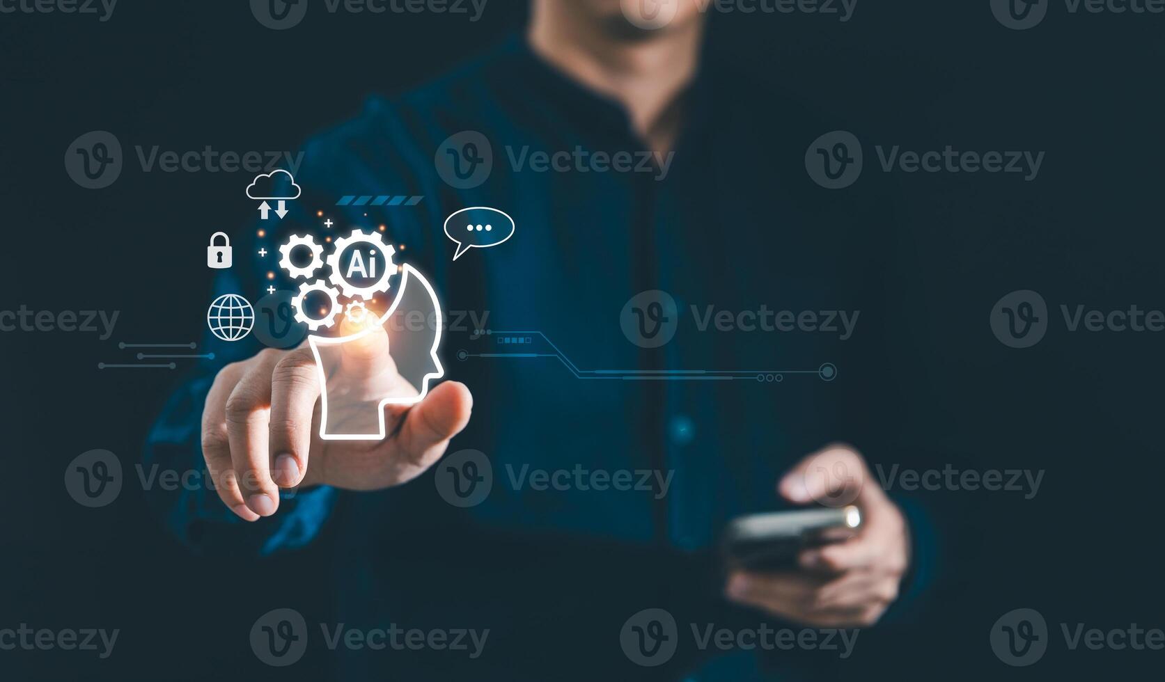 Man using AI tools with smartphone. Concept of Artificial Intelligence technology smart robot and innovation futuristic, Cybersecurity global connection access to information and data online network photo
