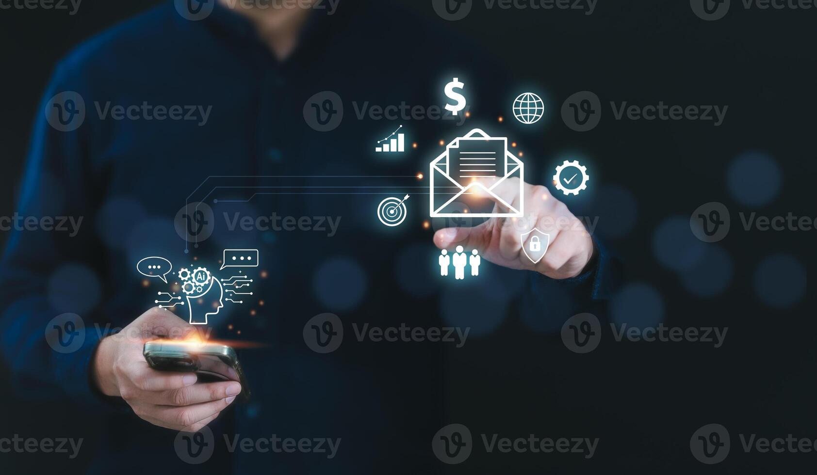 Man using Artificial Intelligence technology on smartphone to communicate and ask information with AI bot for strategy business development management, Machine learning for big data in digital system photo