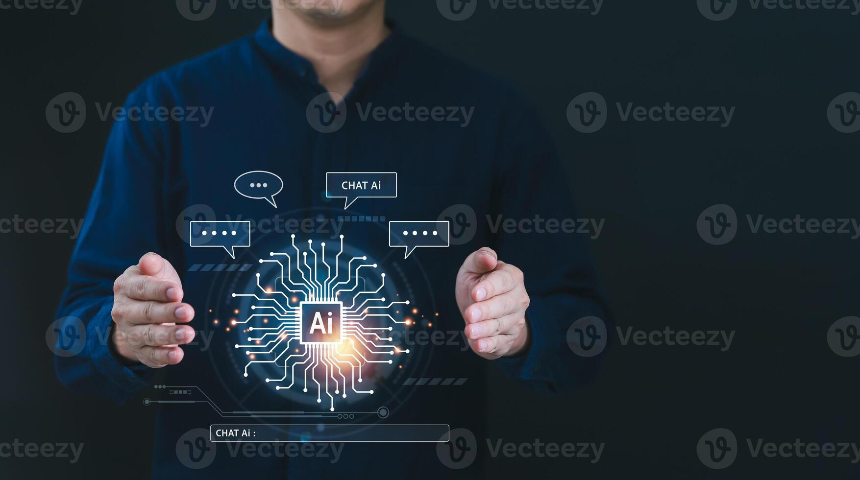 Ai technology, Artificial Intelligence concept. Businessman hold and using AI technology to generates something and analyze big data, Futuristic technology transformation. Chat with AI photo