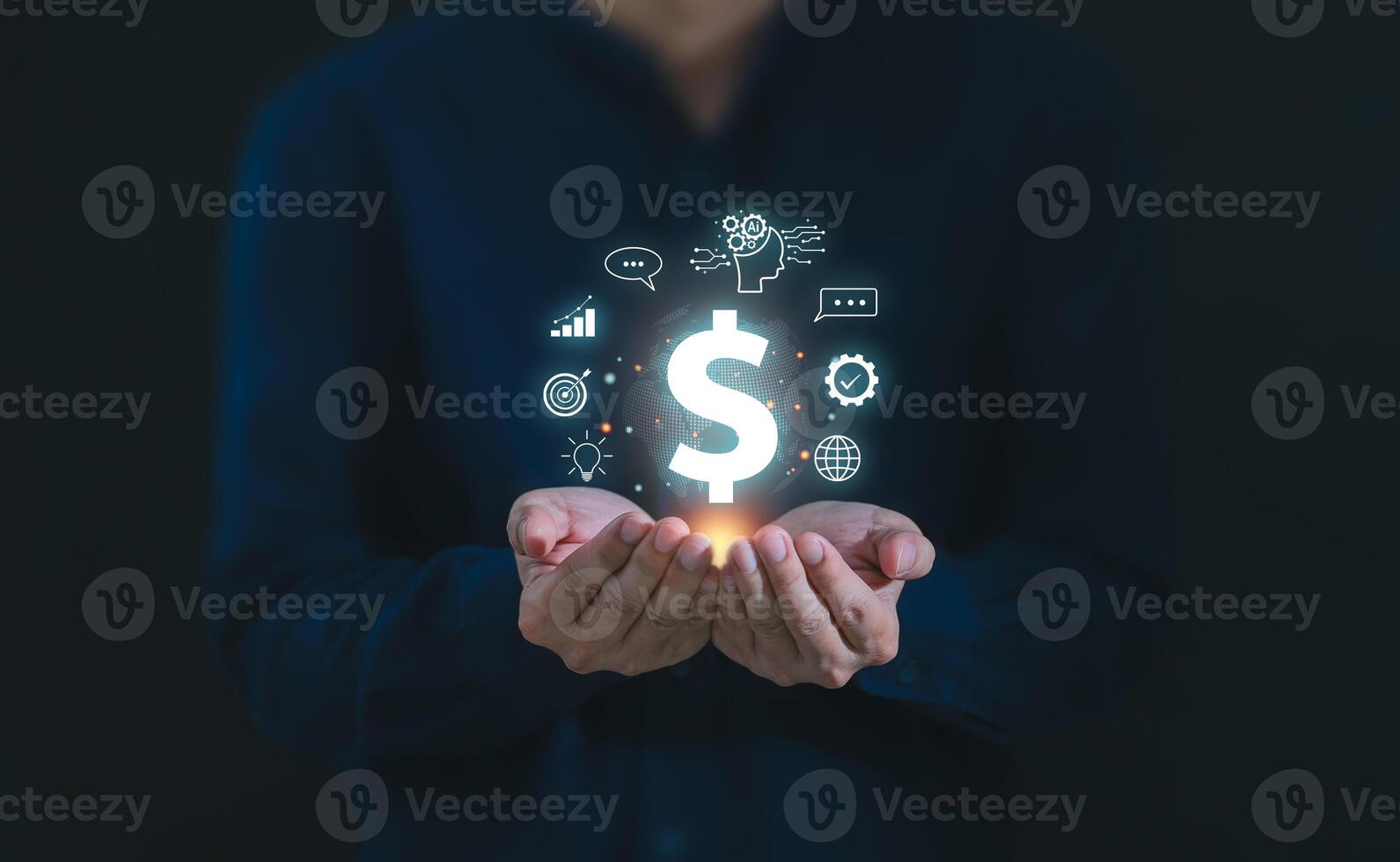 Businessman hand hold dollar currency sign for concept of AI Artificial Intelligence technology generative ideas for making money and financial investment in online market with Chatbot application photo