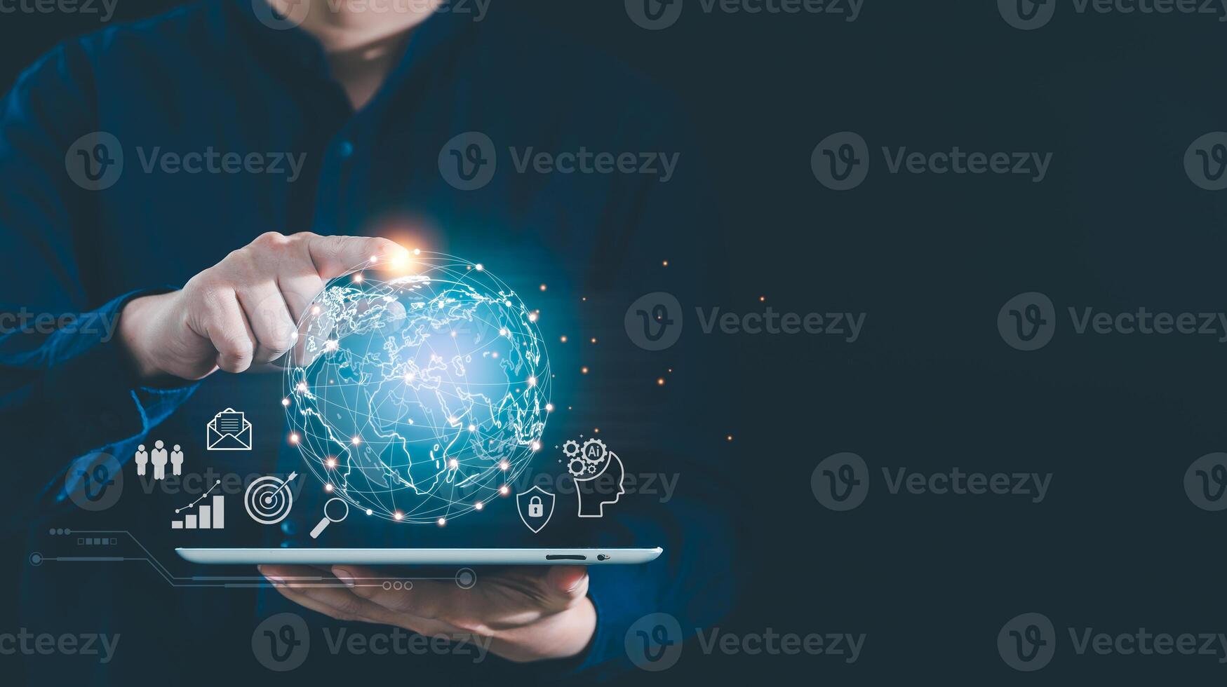 Businessman holding tablet to present global connection on social networking and customer data analytics, Business strategy and smart intelligence, digital marketing, AI Technology for global business photo