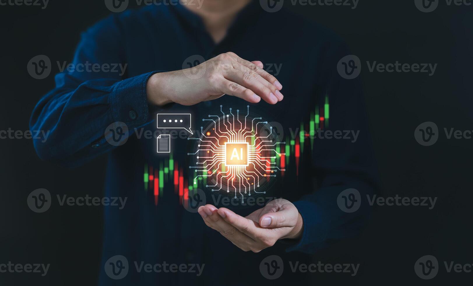 Stock market trading with AI Artificial Intelligence technology concept, Digital technology strategy for business growth, Financial investment stock market by AI. Virtual assistant on internet. photo