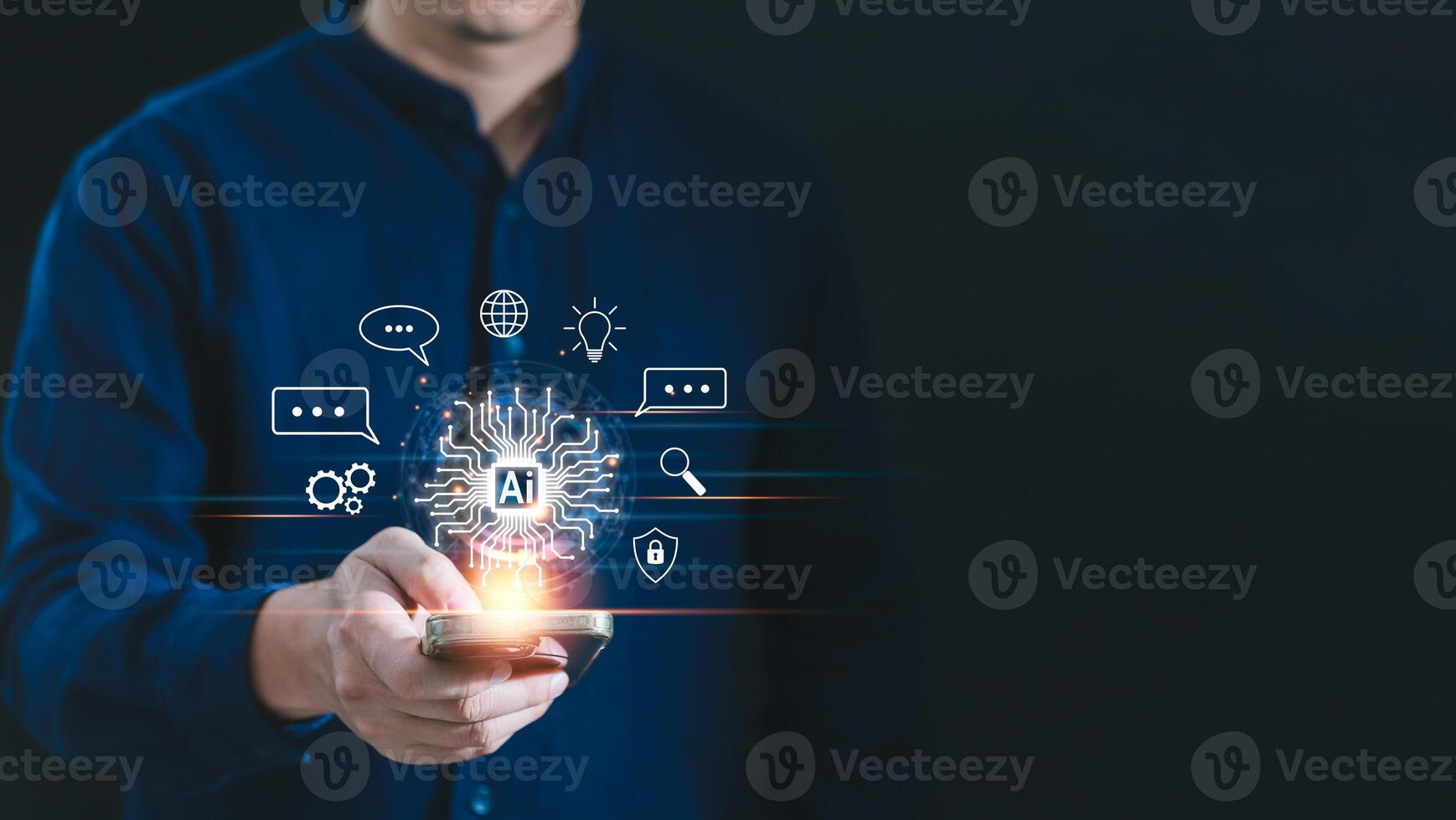 Man using AI tools with smartphone. Concept of Artificial Intelligence technology smart robot and innovation futuristic, Cybersecurity global connection access to information and data online network photo