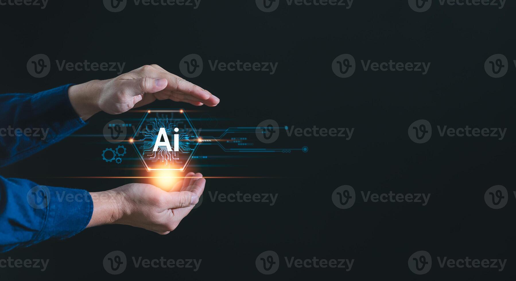 Ai technology background with copyspcae, Artificial Intelligence concept. Businessman using AI technology to generates something and analyze big data, Futuristic technology transformation photo