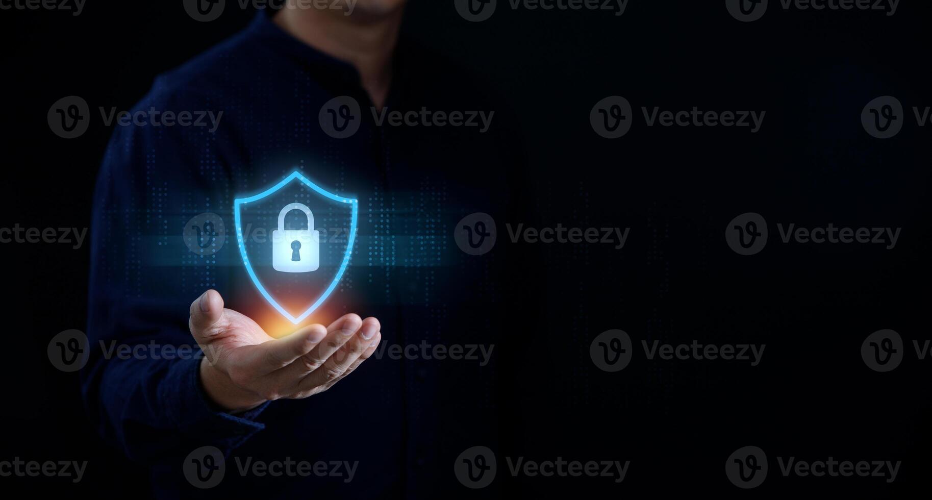 Cybersecurity and privacy concepts to protect data. Lock icon and internet network security technology. Businessman protecting personal data on online system, virtual screen interfaces. photo