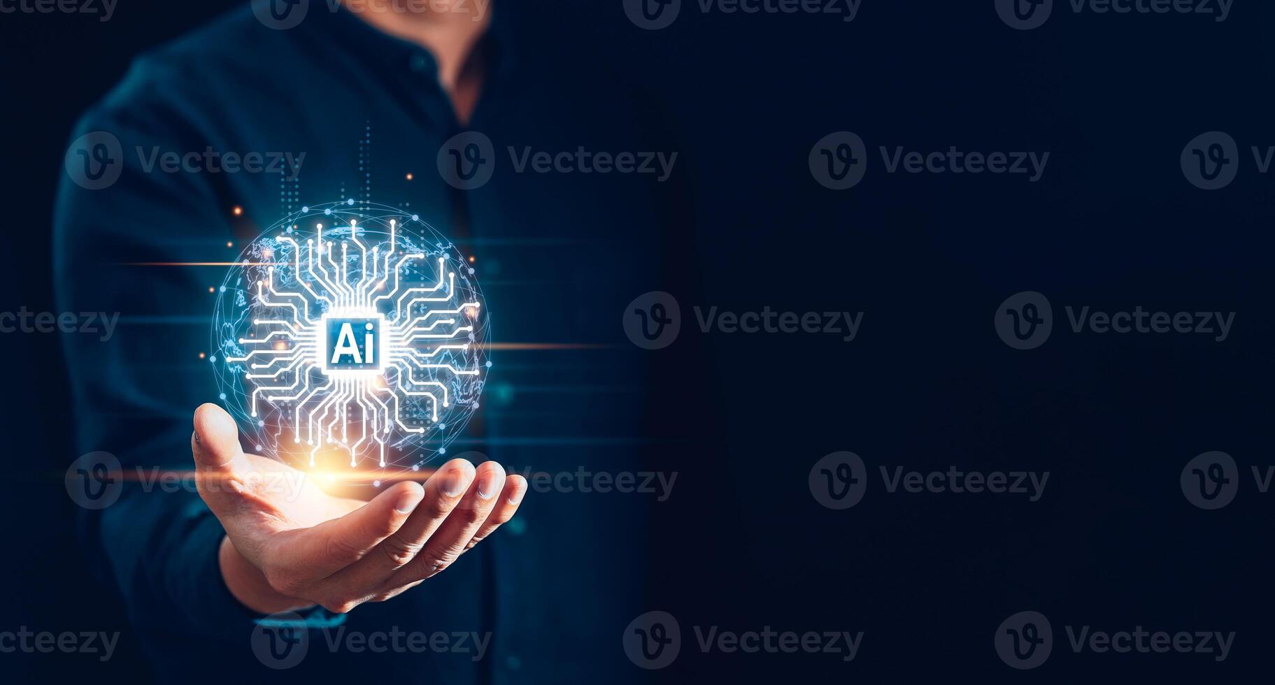AI Artificial Intelligence concept. Man using AI technology to generates something and analyze big data, Futuristic technology transformation background with copyspace photo