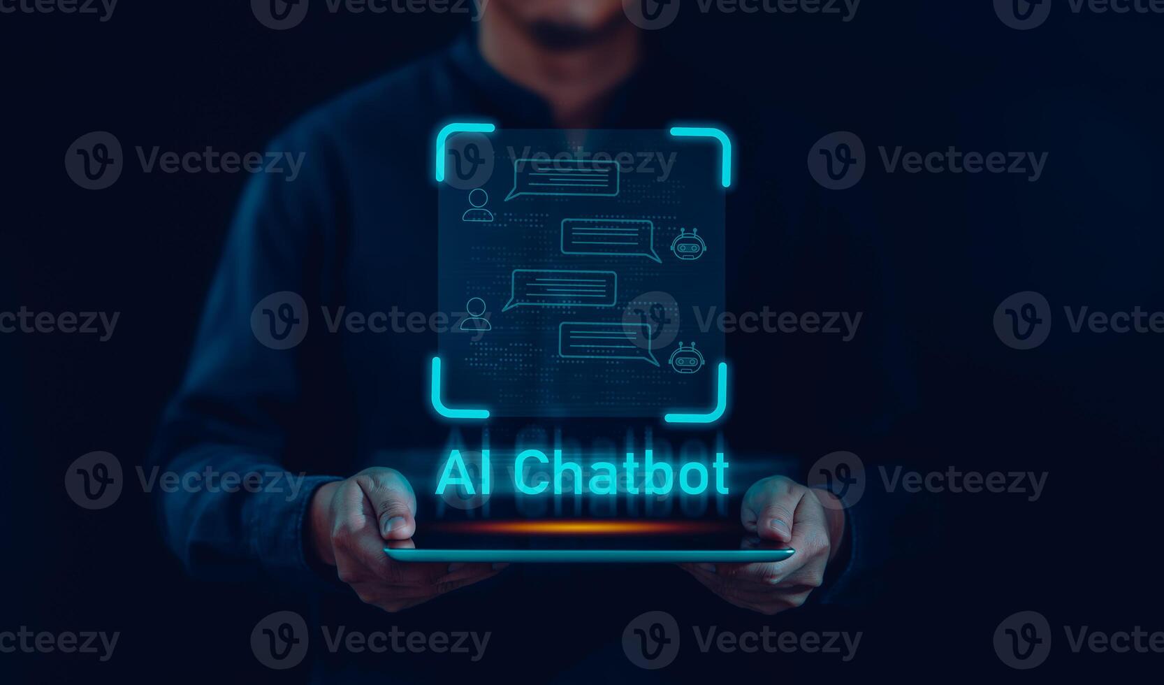Businessman using tablet for digital chatbot, chat AI, robot application, conversation assistant, Ai Artificial Intelligence technology online customer service, digital chatbot on virtual screen photo