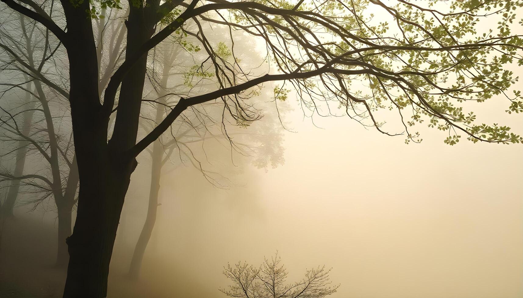 Tall trees with sparse leaves stand against a thick fog, creating a tranquil atmosphere near a still body of water during a serene spring morning. photo