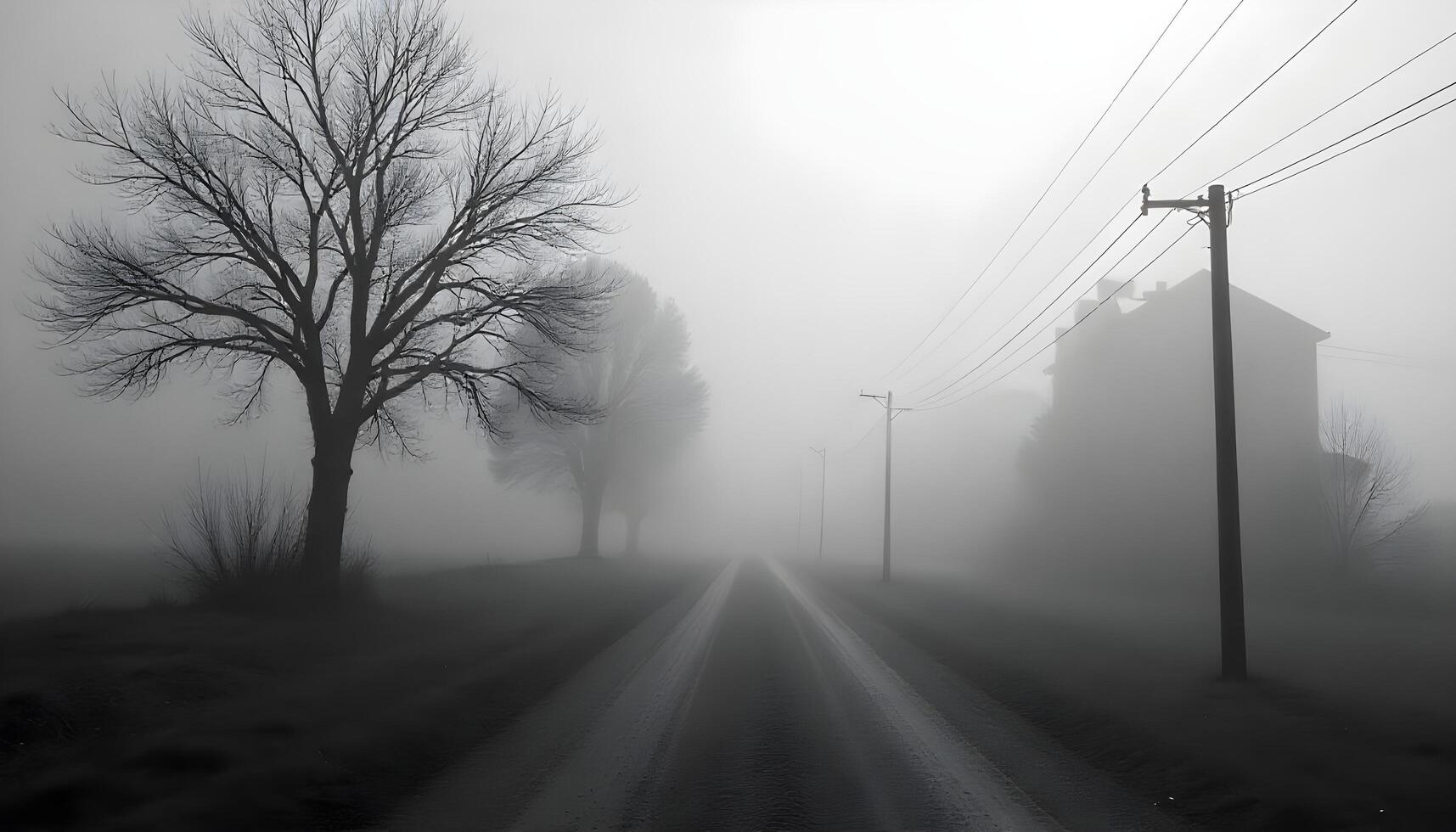 A desolate road stretches into the distance, flanked by bare trees and an abandoned house, enveloped in thick fog that creates a mysterious, eerie atmosphere. photo