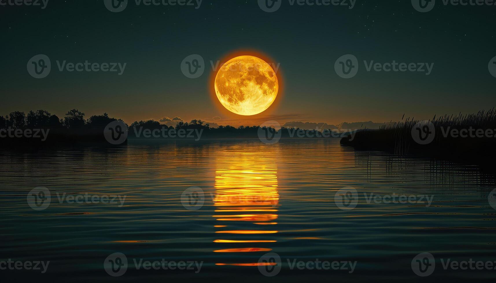 a full moon is reflected in the water photo