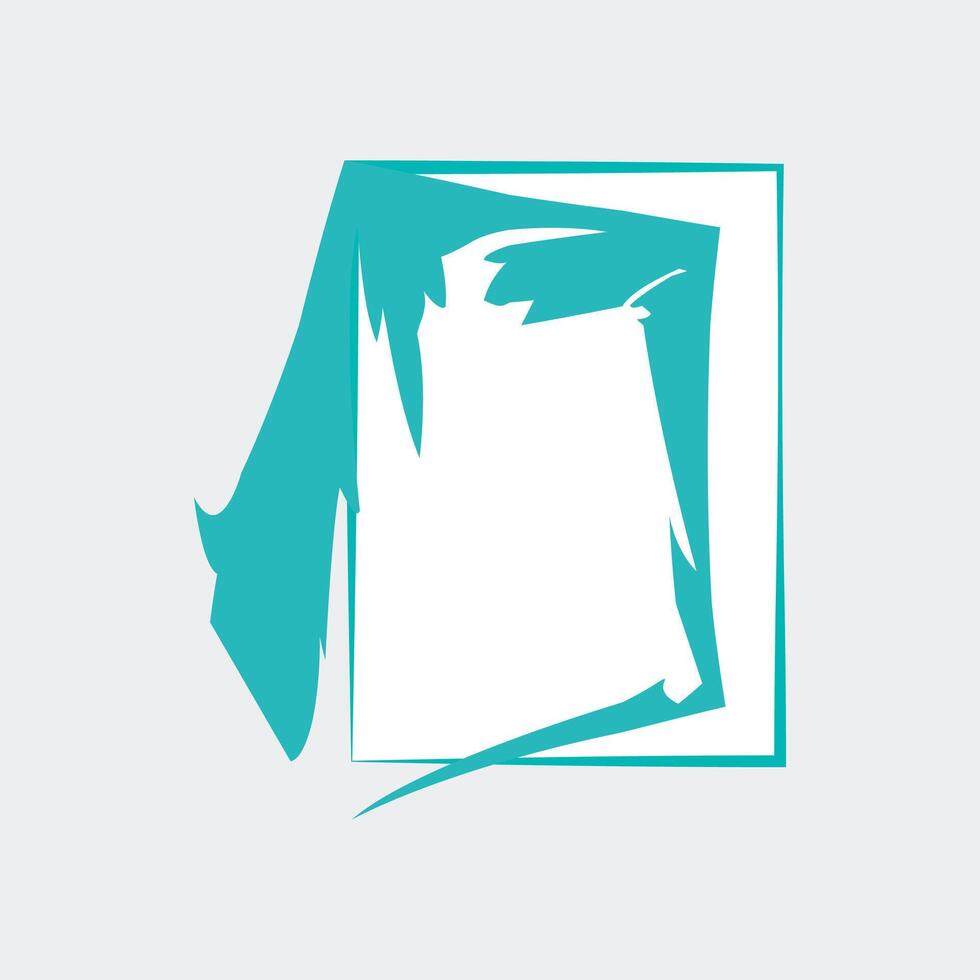 a stylized design that includes a rectangular frame with a vibrant turquoise color. The frame appears to be partially torn or ripped, creating a dynamic and artistic effect. vector