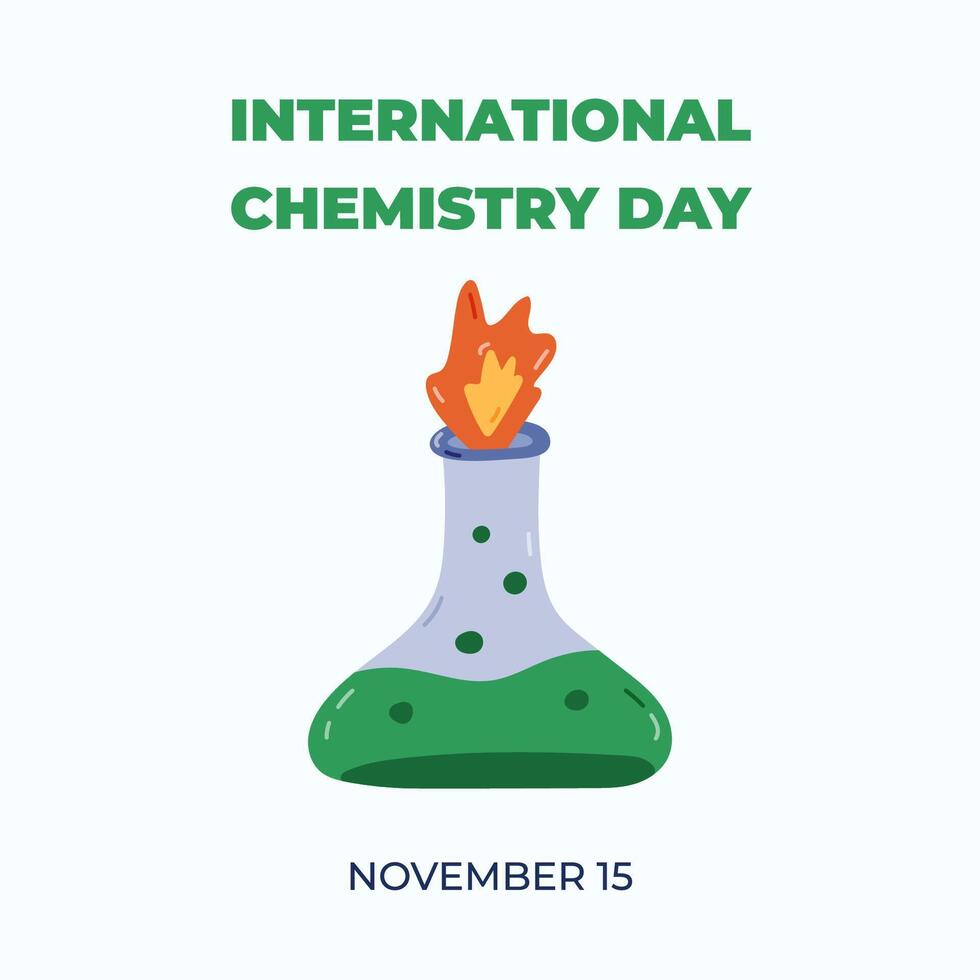 Cute banner for International Chemistry Day at 15th of November with cartoon laboratory beaker with fire and solution. Minimalistic holiday concept for poster, background template, social media. vector