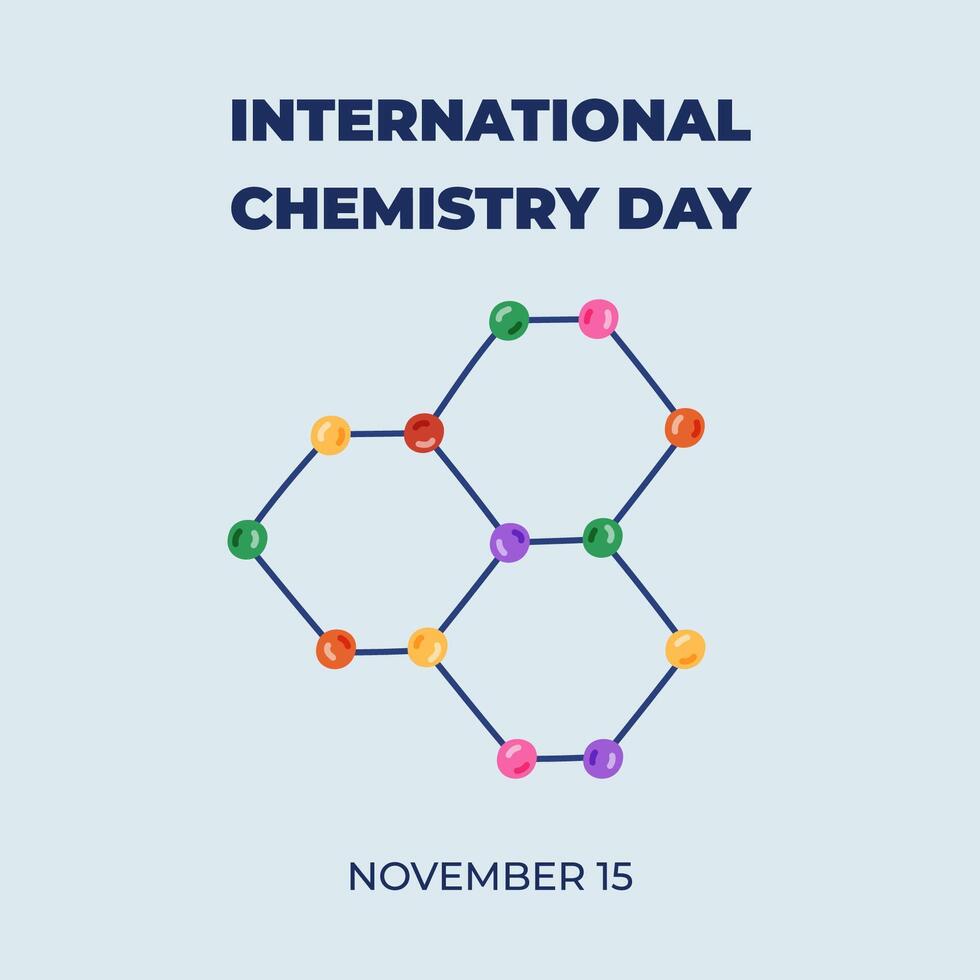 Square cute banner for International Chemistry Day at 15th of November with cartoon chemical molecule structure. Minimalistic holiday concept for poster, background template, website, social media. vector