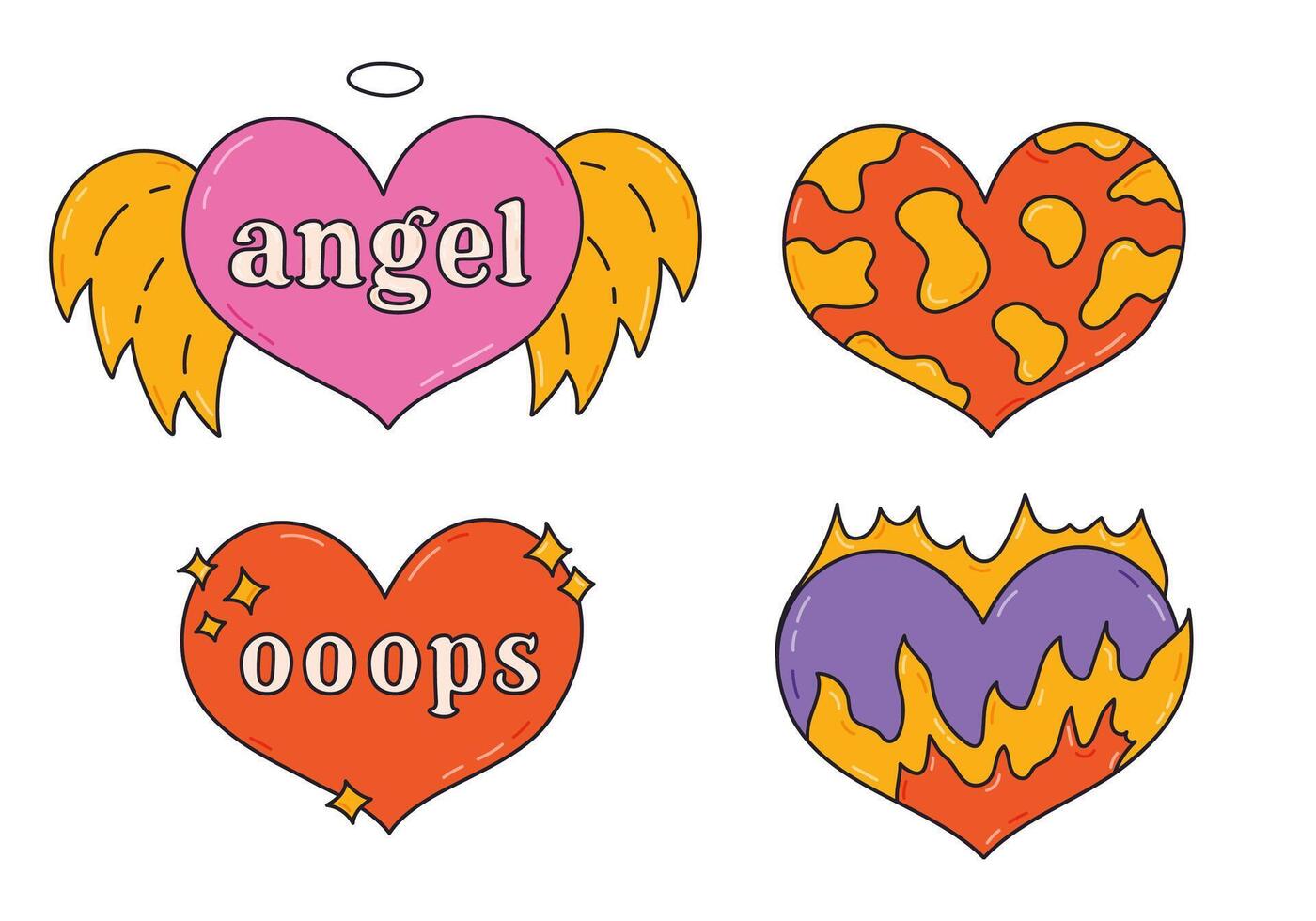 Groovy doodle set with hearts in Y2k aesthetic with lettering Angel. Oops, in flame, cow pattern, . Retro love symbol from 90s and 00s. Hand drawn simple heart with print. Nostalgia for 1990s vibe. vector