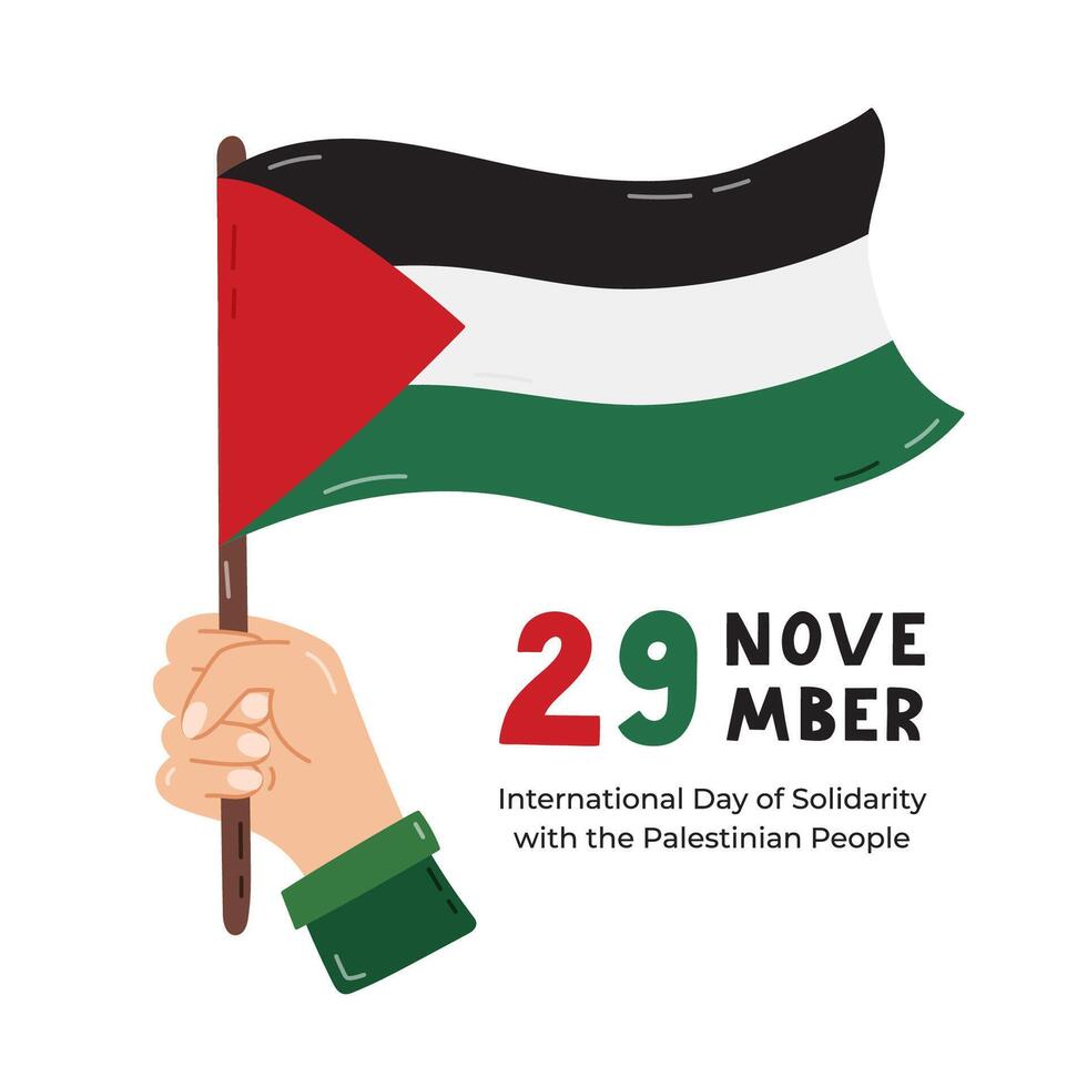 Poster for International Day of Solidarity with the Palestinian People with lettering and cartoon clipart of hand holding Gaza flag. Banner design for 29 November for support and stand with Palestine vector