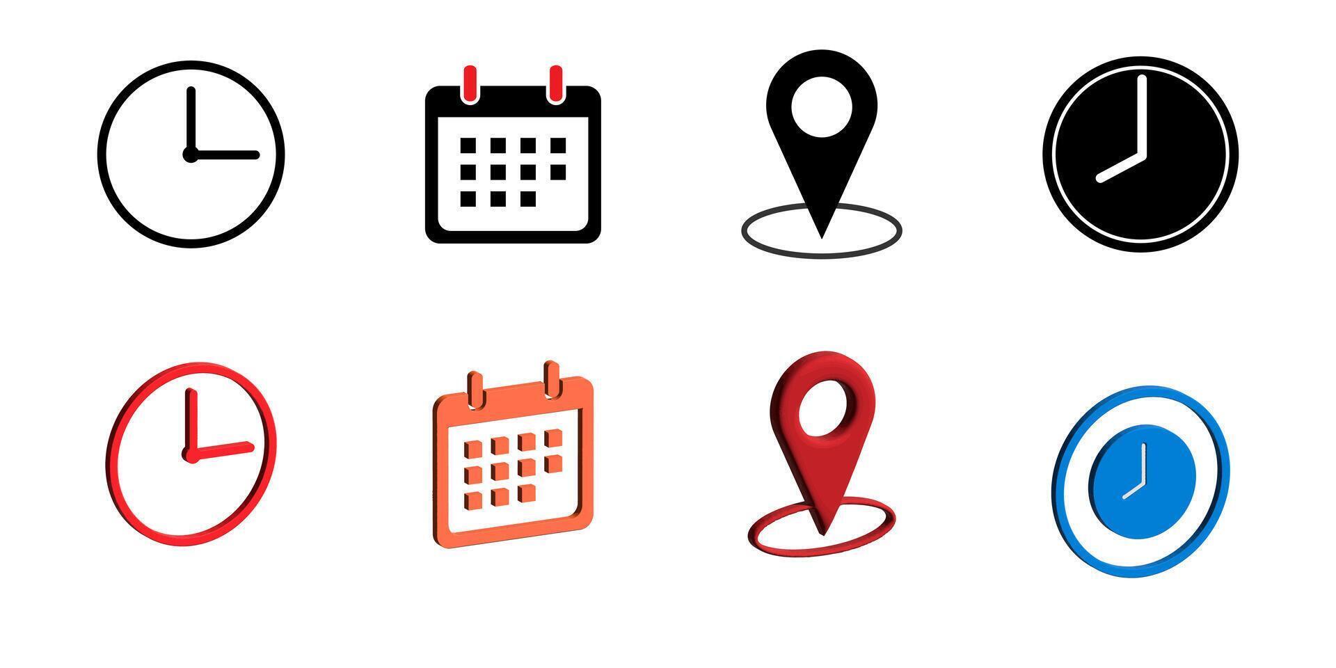 Date calendar icon, stopwatch timer icon. Address location icon illustration for infographics, websites, web design. vector