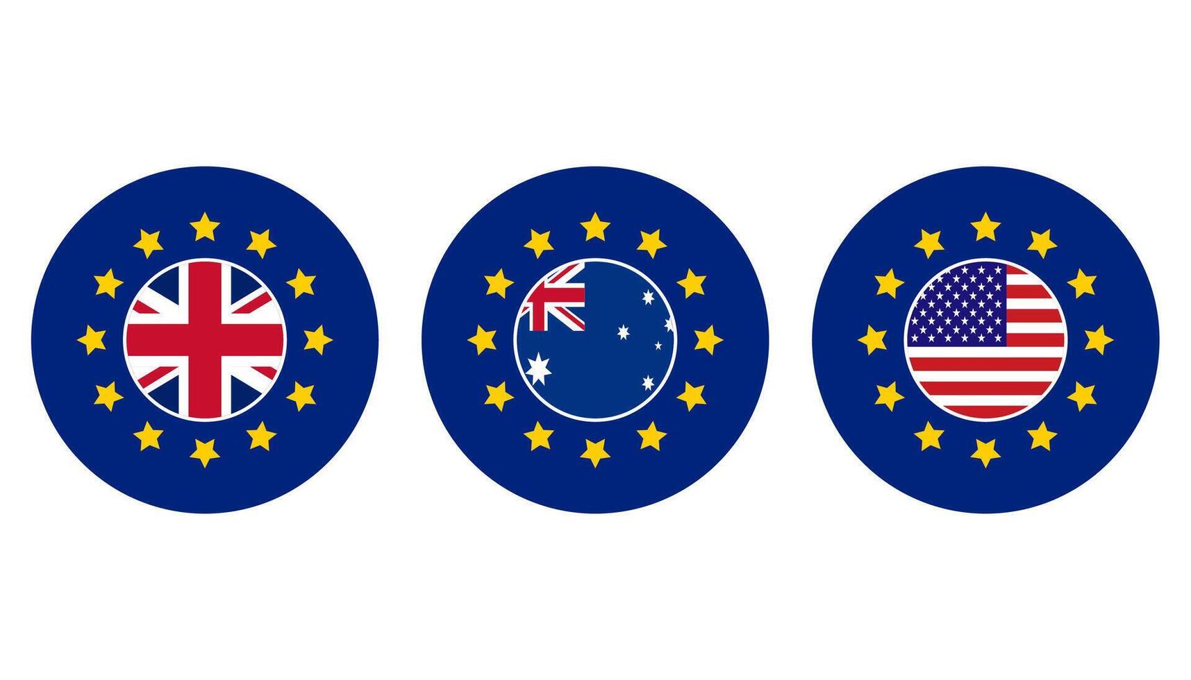 UK, USA, Australia flag icons inside with european union flag banner illustration. vector