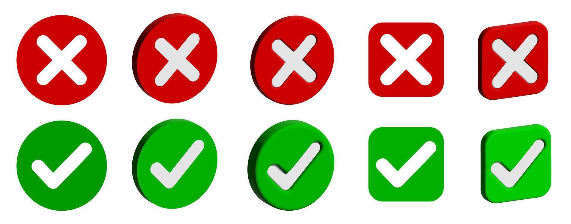 3D right and wrong buttons. 3D Cross and check mark icons round buttons. vector