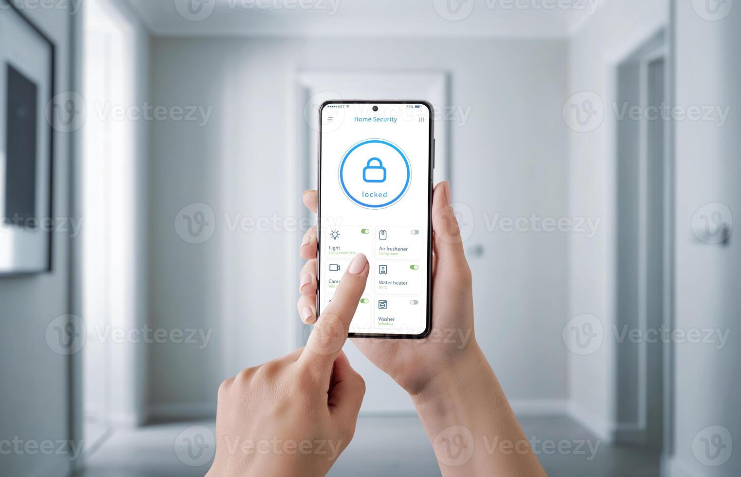 Hand holding a smartphone with a security app interface, controlling home safety features like door lock, surveillance camera, and alarms. Concept of modern security, remote monitoring photo