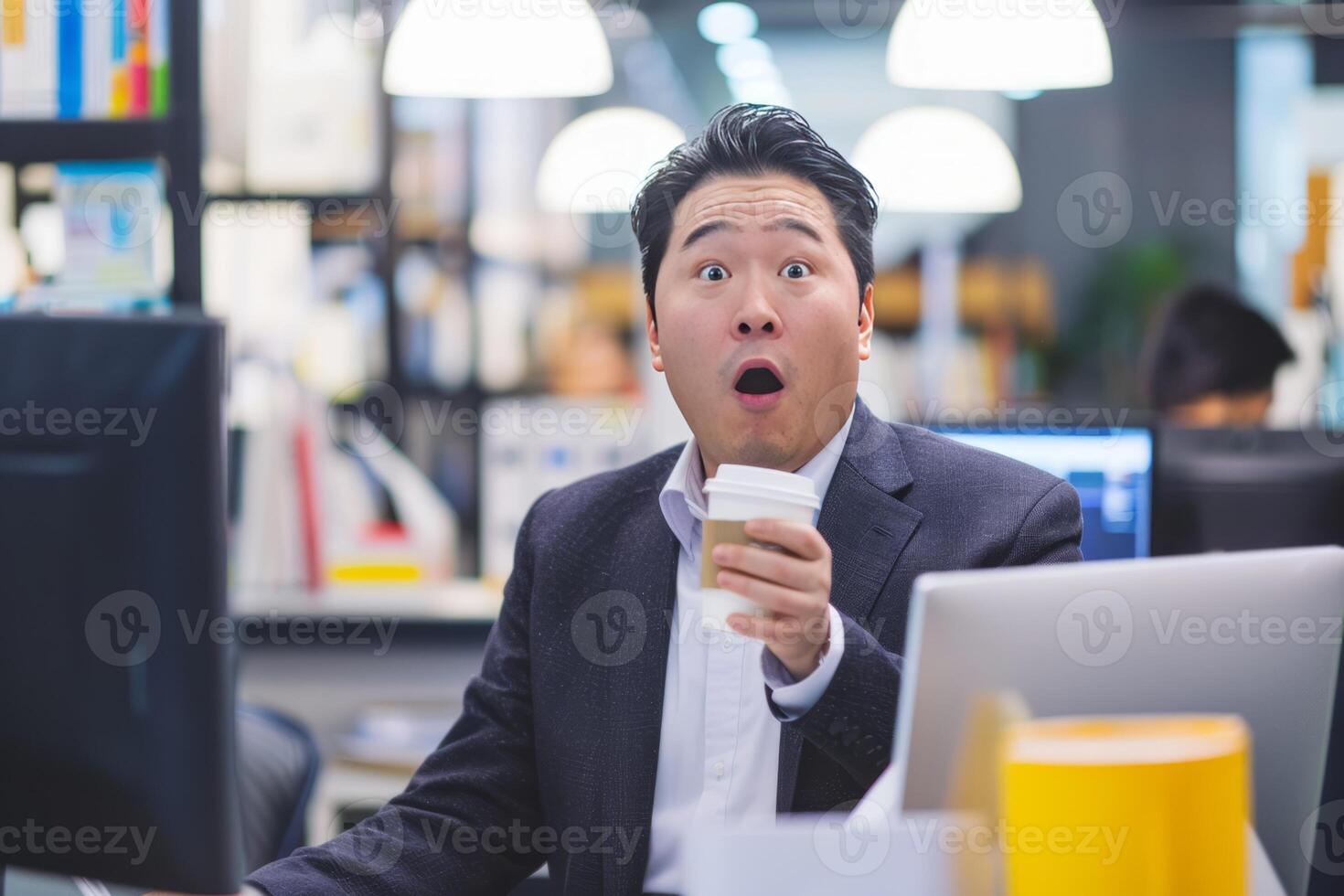 Surprised Man Sitting at Desk in Front of Computer is Holding Cup of Coffee photo