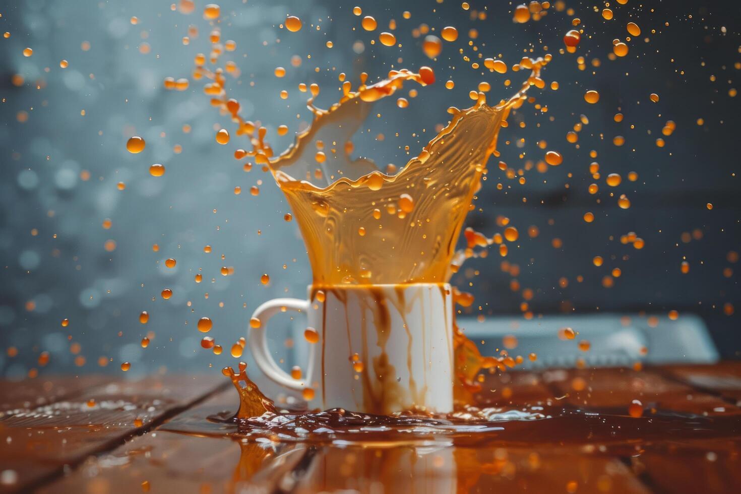 Coffee Spills on Wooden Table, Creating Messy Mess with Splashes photo