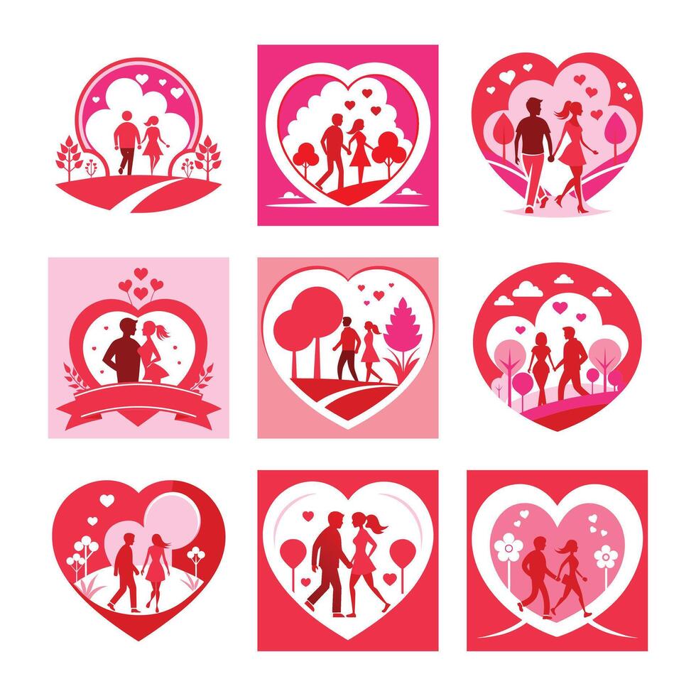 Set of Valentines Day Romantic Walk Silhouette Logo vector