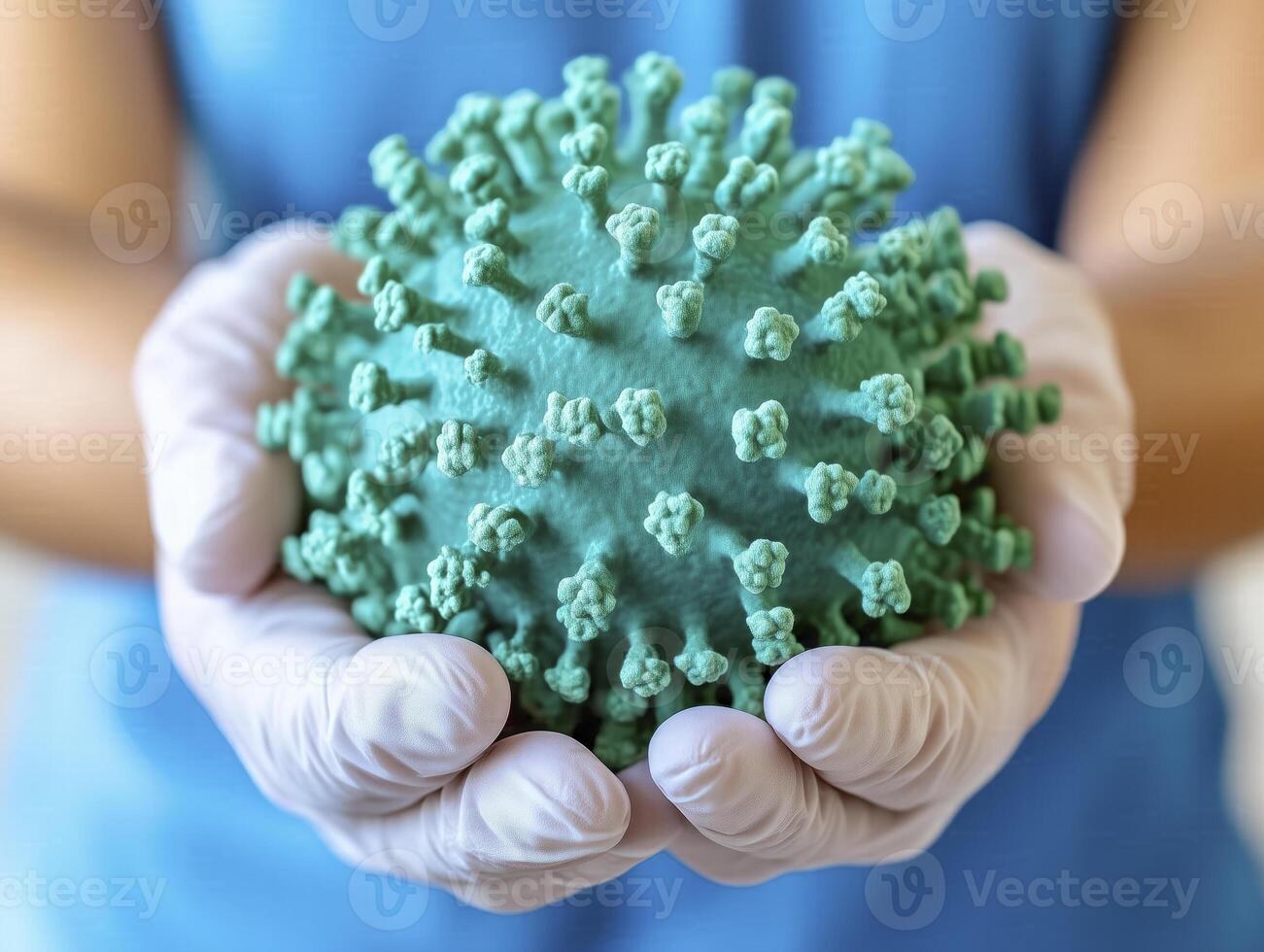 A pair of hands wearing latex gloves are holding a virus model photo