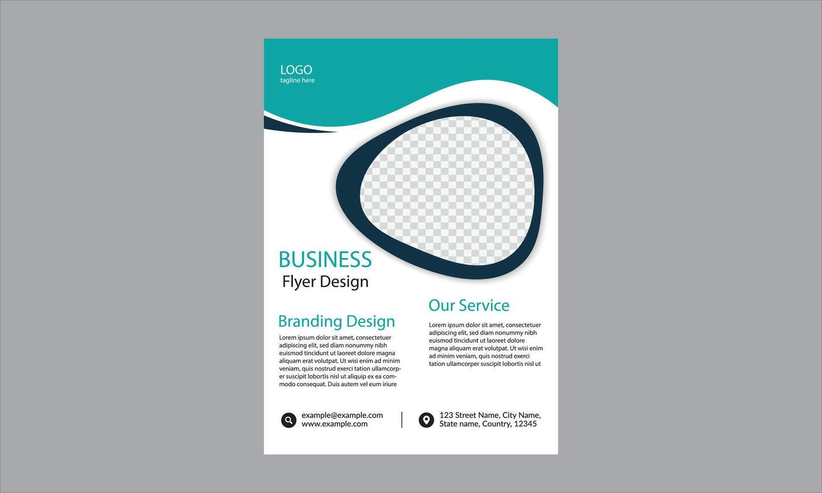 The design is a business flyer design template featuring a modern, clean layout with a teal and white color scheme. vector