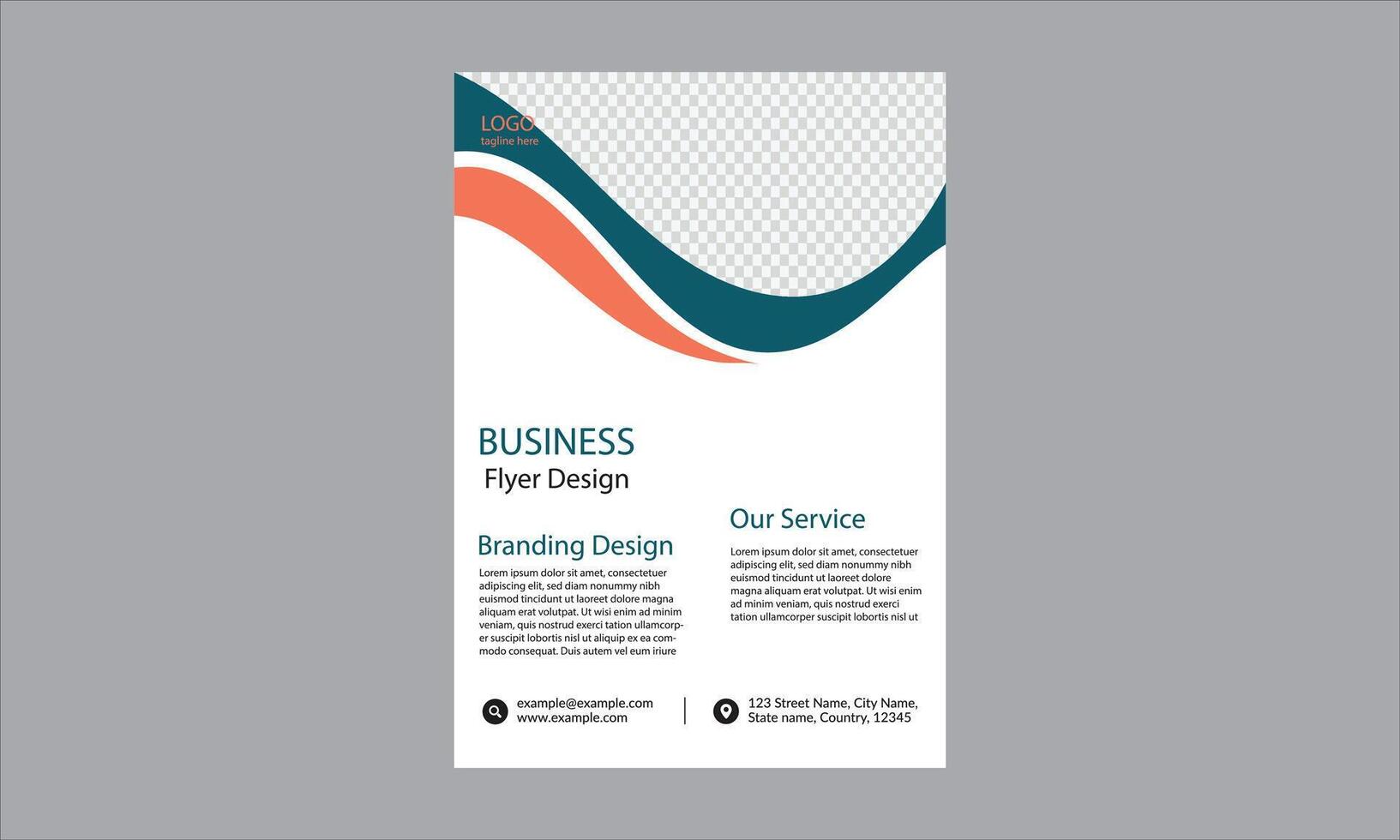 This flyer design template has a fresh, professional look with a blue and orange wave pattern at the top. vector