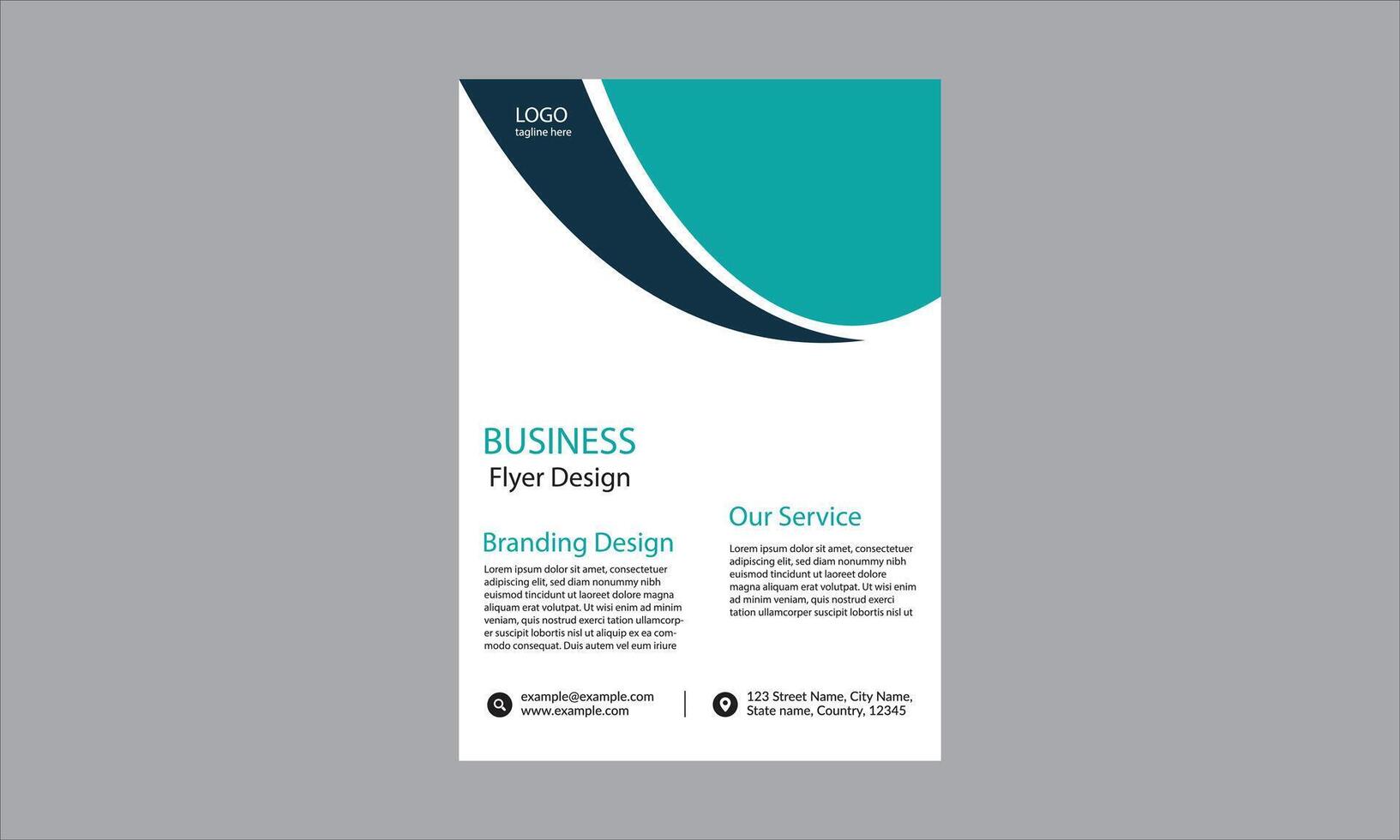 This business flyer has a modern, sleek design with dark blue and teal colors. vector