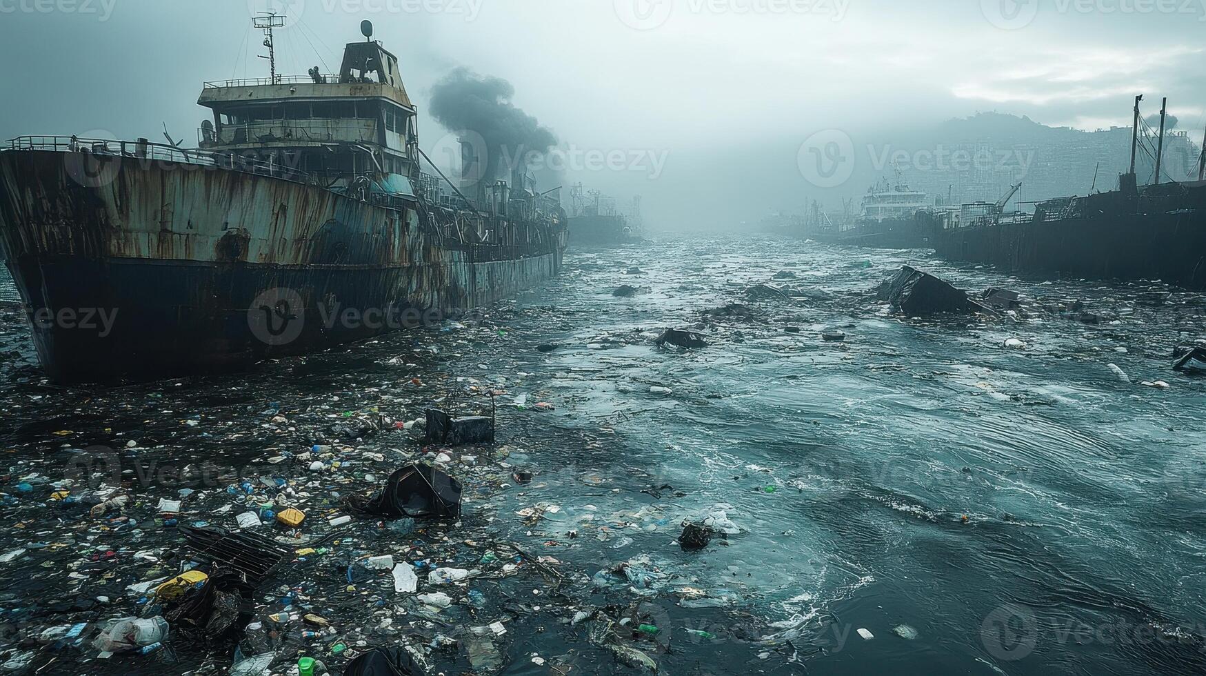 A rusty ship sits in a harbor filled with trash and debris. photo