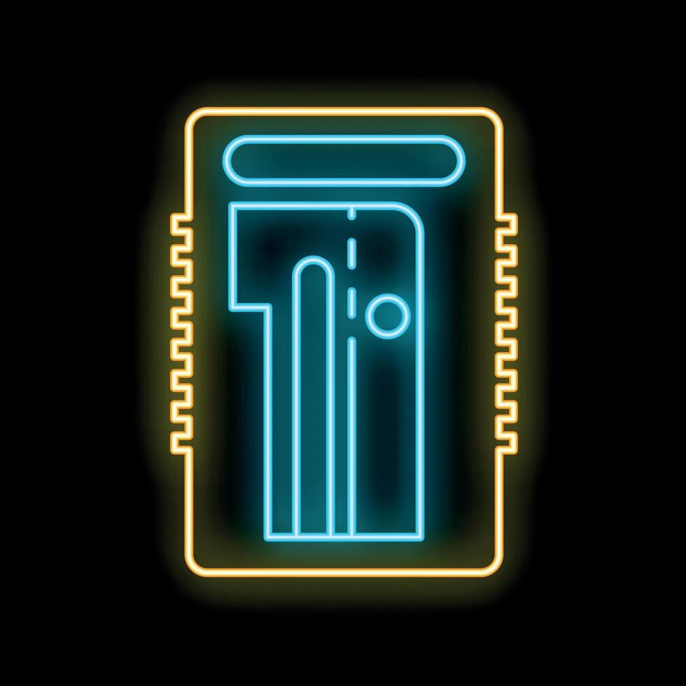Neon game cartridge icon glowing on dark background vector